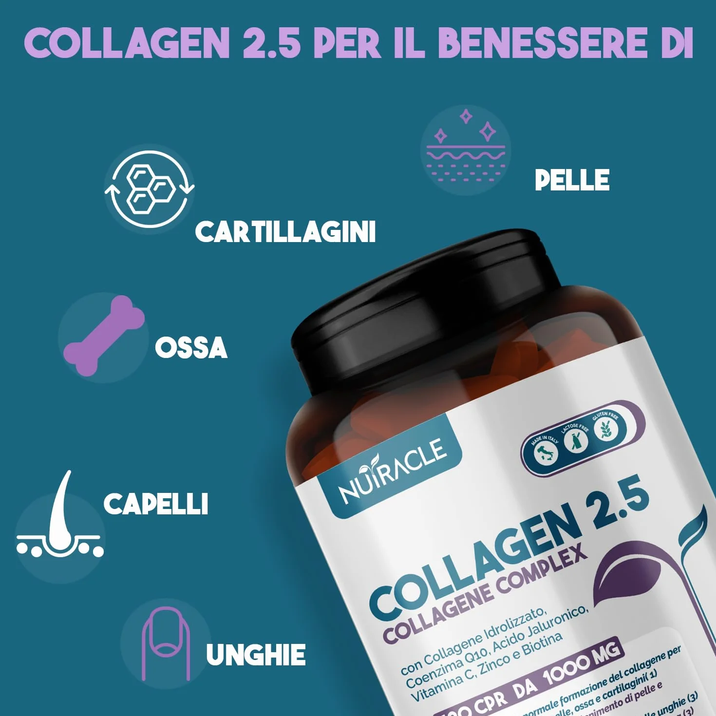 Collagene Idrolizzato Verisol® 2500 mg + Acido Ialuronico + Coenzima Q10 Integratore Pelle Capelli Ossa 120 compresse