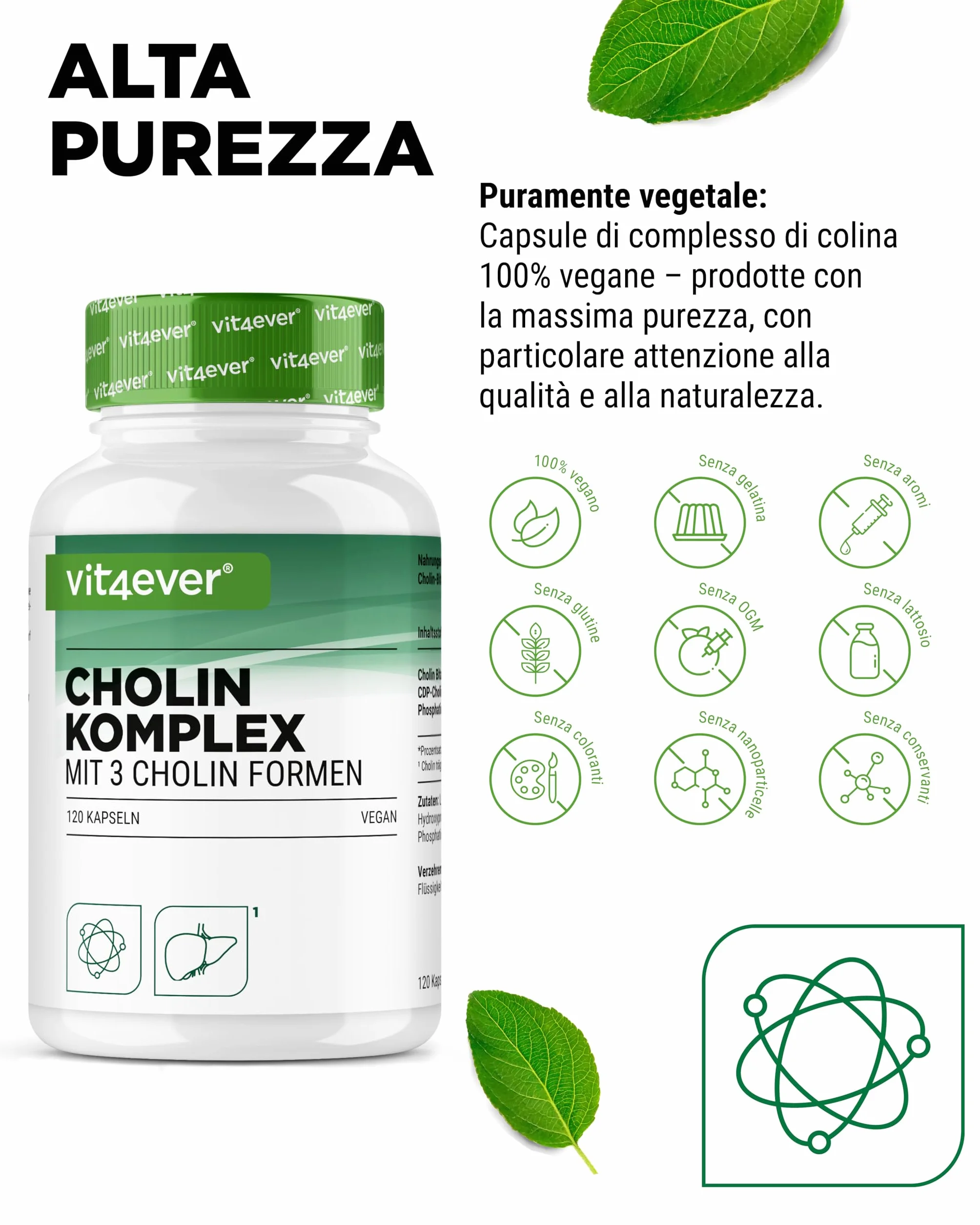 Complesso di colina 3 forme 120 capsule Bitartrato citicolina fosfatidilcolina Vegan