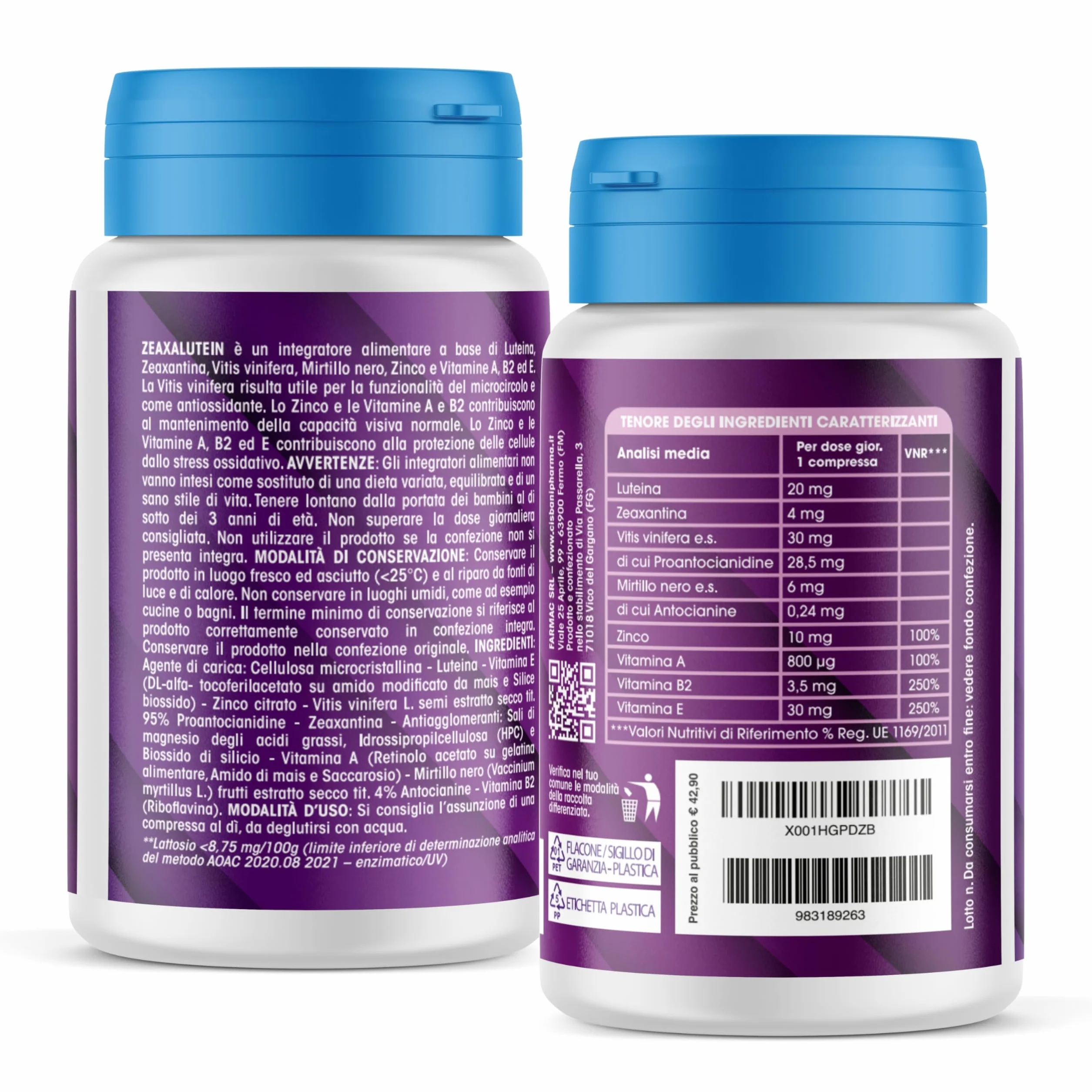 CISBANI PHARMA Luteina e Zeaxantina 800mg Integratore Occhi Vista Antiossidante 90 Compresse