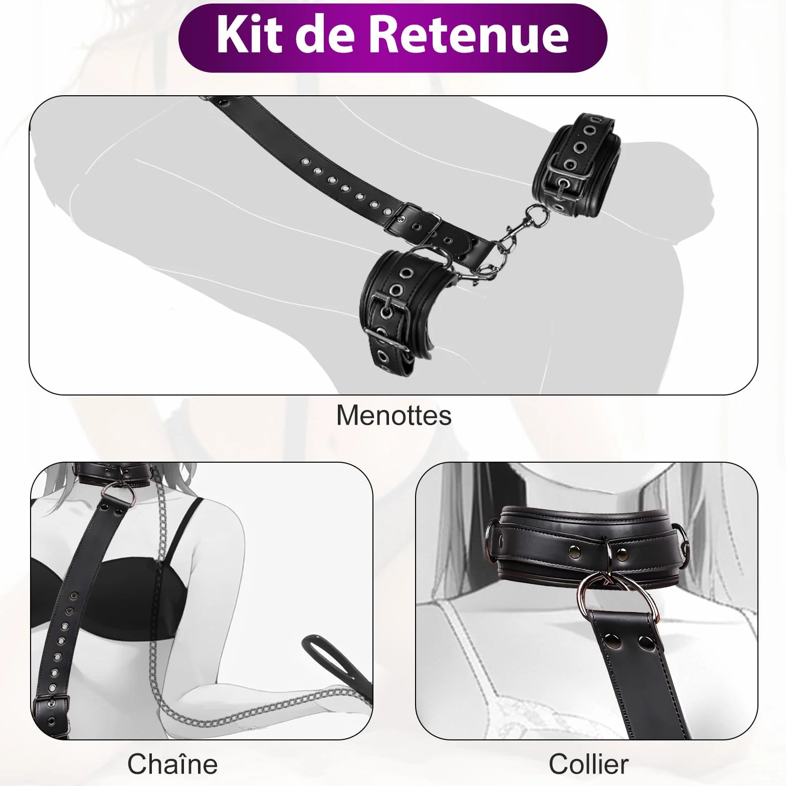 BDSM bondage set con manette in pelle