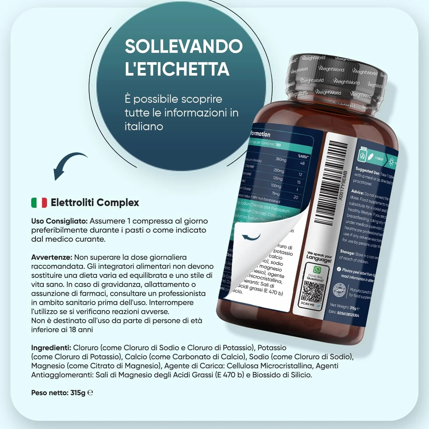 Elettroliti Vegani Integratore 5 Sali Minerali Magnesio Potassio Cloruro Sodio Calcio 180 Compresse