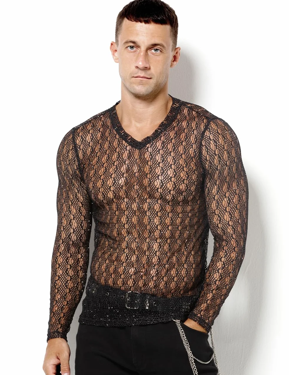 Casey Kevin Maglia Rete Uomo Paillettes Clubwear Party T-Shirt Intimo Sexy Mesh Lunga