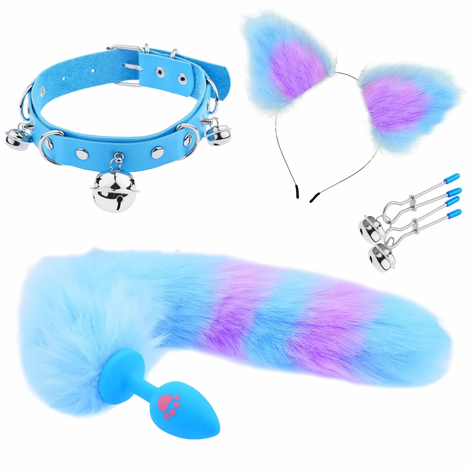 BDSMLOVE anal plug set cosplay fox tail cat ears hair clips nipple clamps bell collar