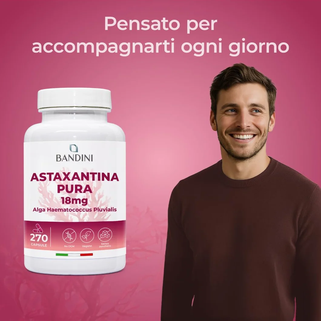 Bandini Astaxantina pura 18 mg 270 capsule antiossidante naturale alga Haematococcus Pluvialis