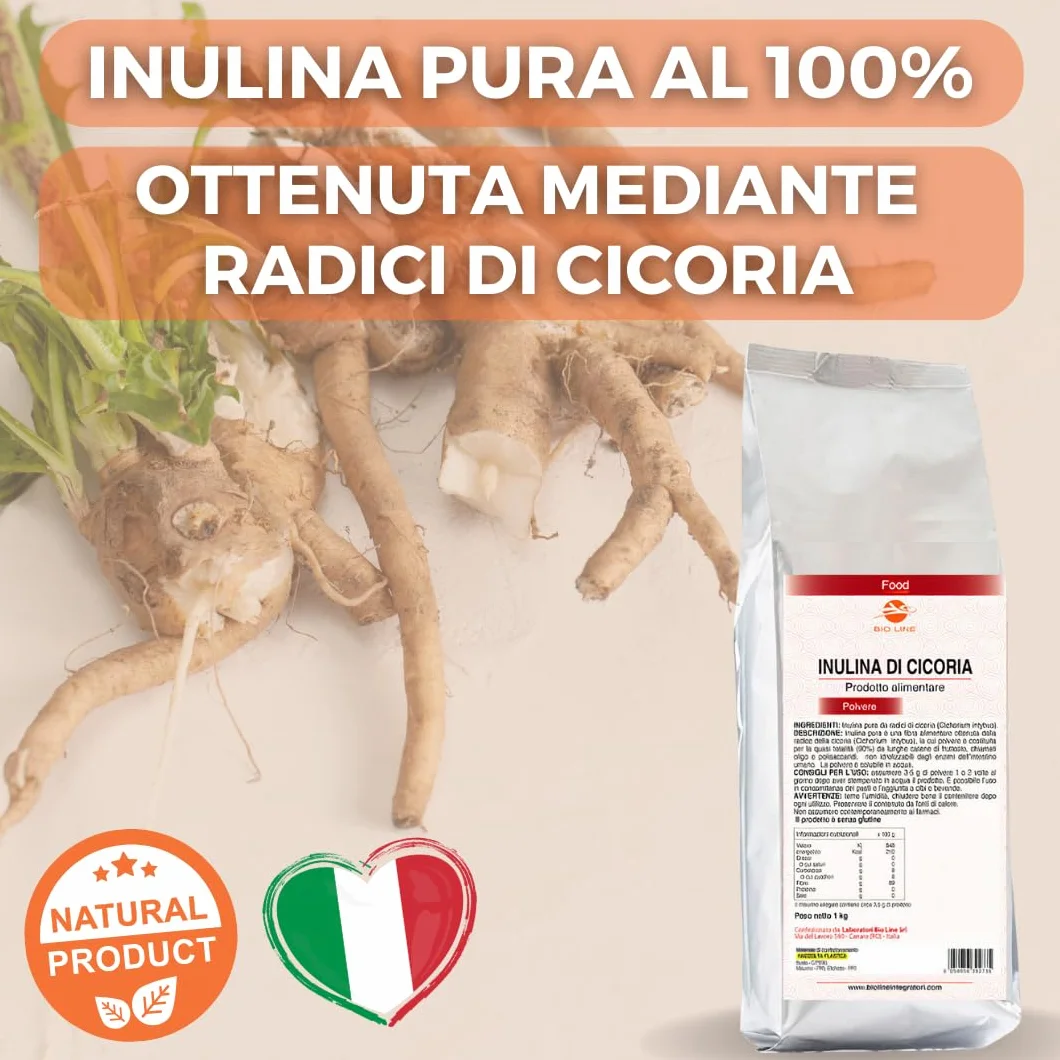 Bioline Inulina in Polvere di Cicoria Solubile 1kg Fibra Vegetale Regolarità Intestinale Senza Glutine Made in Italy