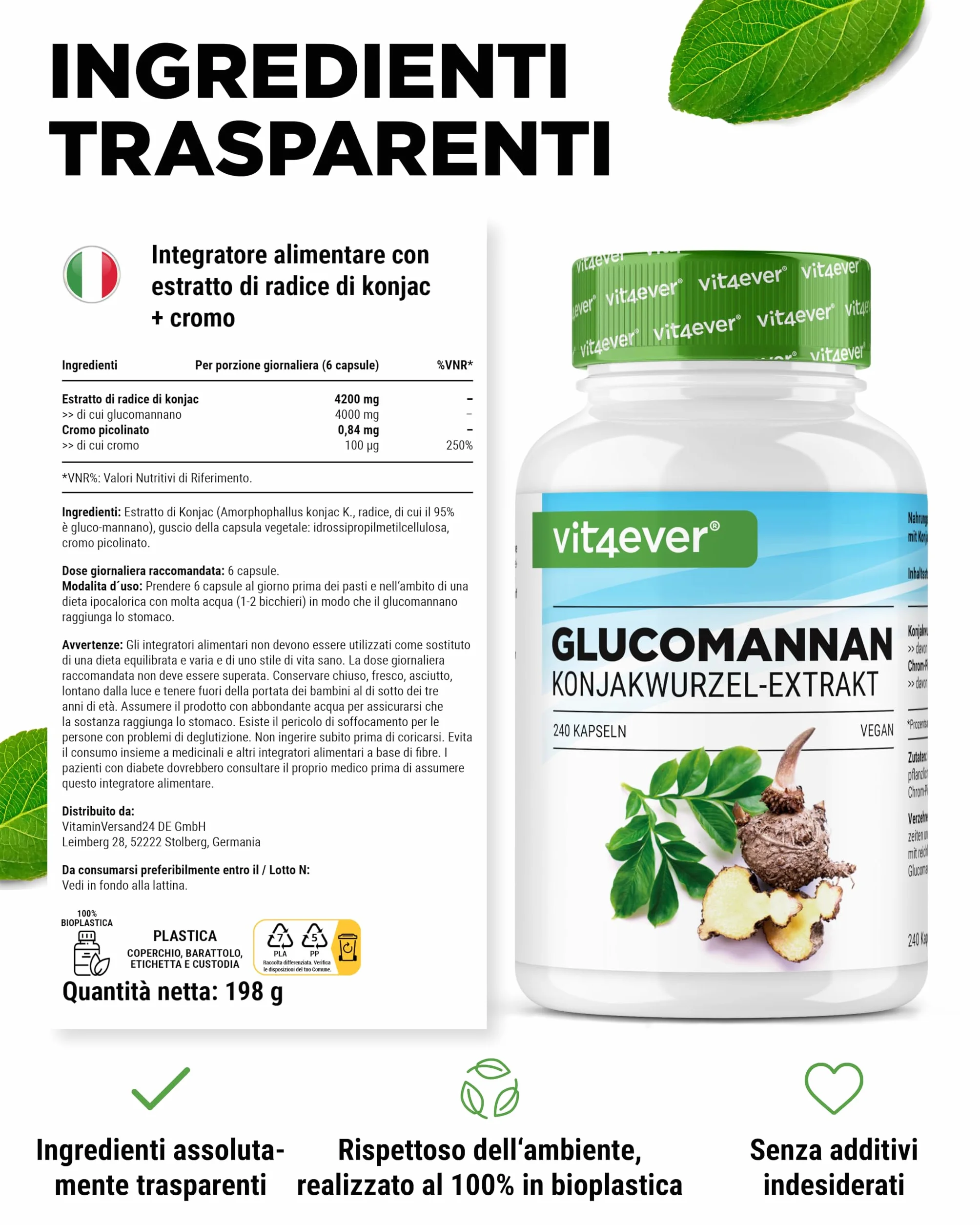 Glucomannano dalla radice di konjac 240 capsule 4200 mg per porzione con cromo Vegan