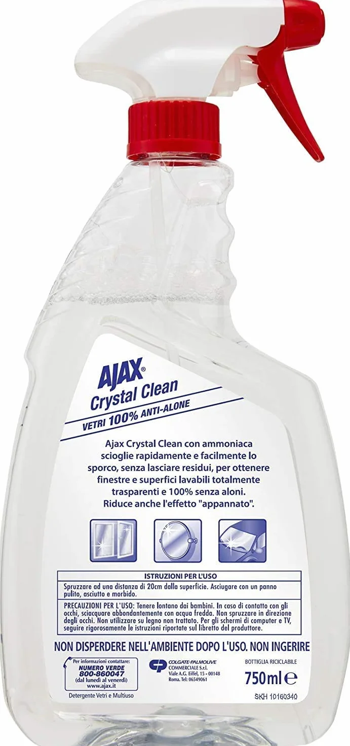 Ajax Detersivo Spray Crystal Clean Vetri 12 x 750 ml Detergente Vetro Con Ammoniaca Anti-Alone