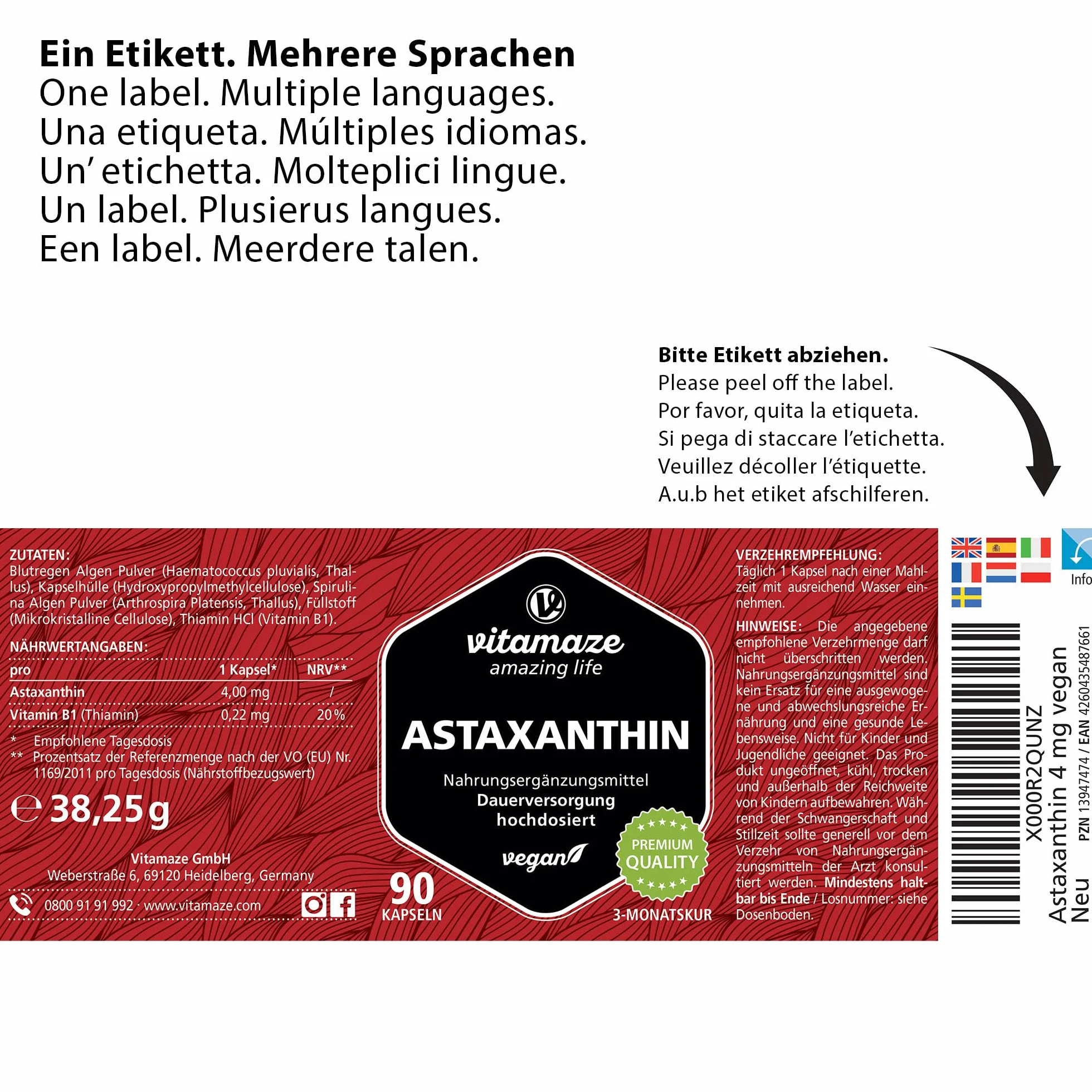Vitamaze Astaxantina Capsule 90 ad Alto Dosaggio 4 mg Pura Naturale Integratore Alimentare Vegan