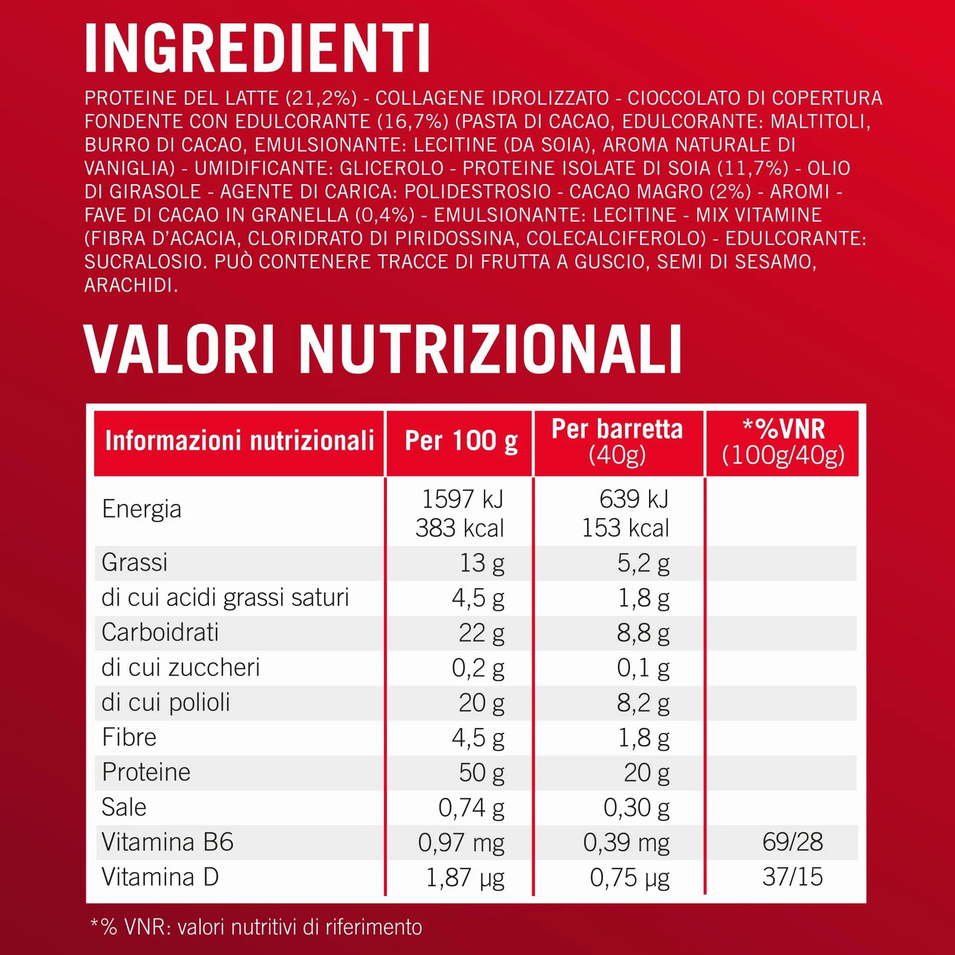 Enervit Protein Bar 50% Dark Choco 20g Proteine Low Sugar Vitamina D B6 Cioccolato Fondente 12x40g