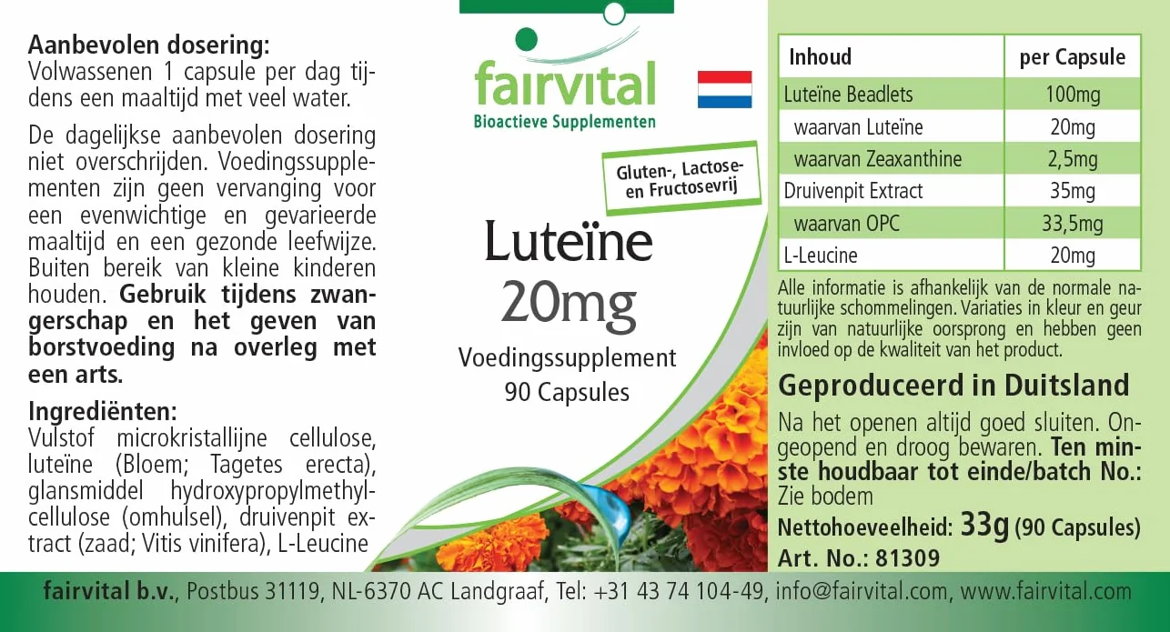Fairvital Luteina 20 mg + Zeaxantina, 90 capsule, vegane, senza stearato di magnesio