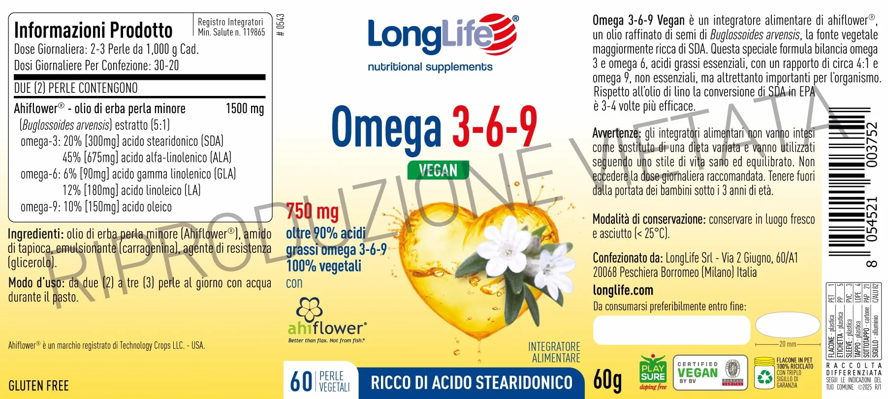 LongLife® Omega 3-6-9 Vegan 60 Perle Vegetali | Con Ahiflower® Oltre 90% Acidi Grassi Omega 3-6-9