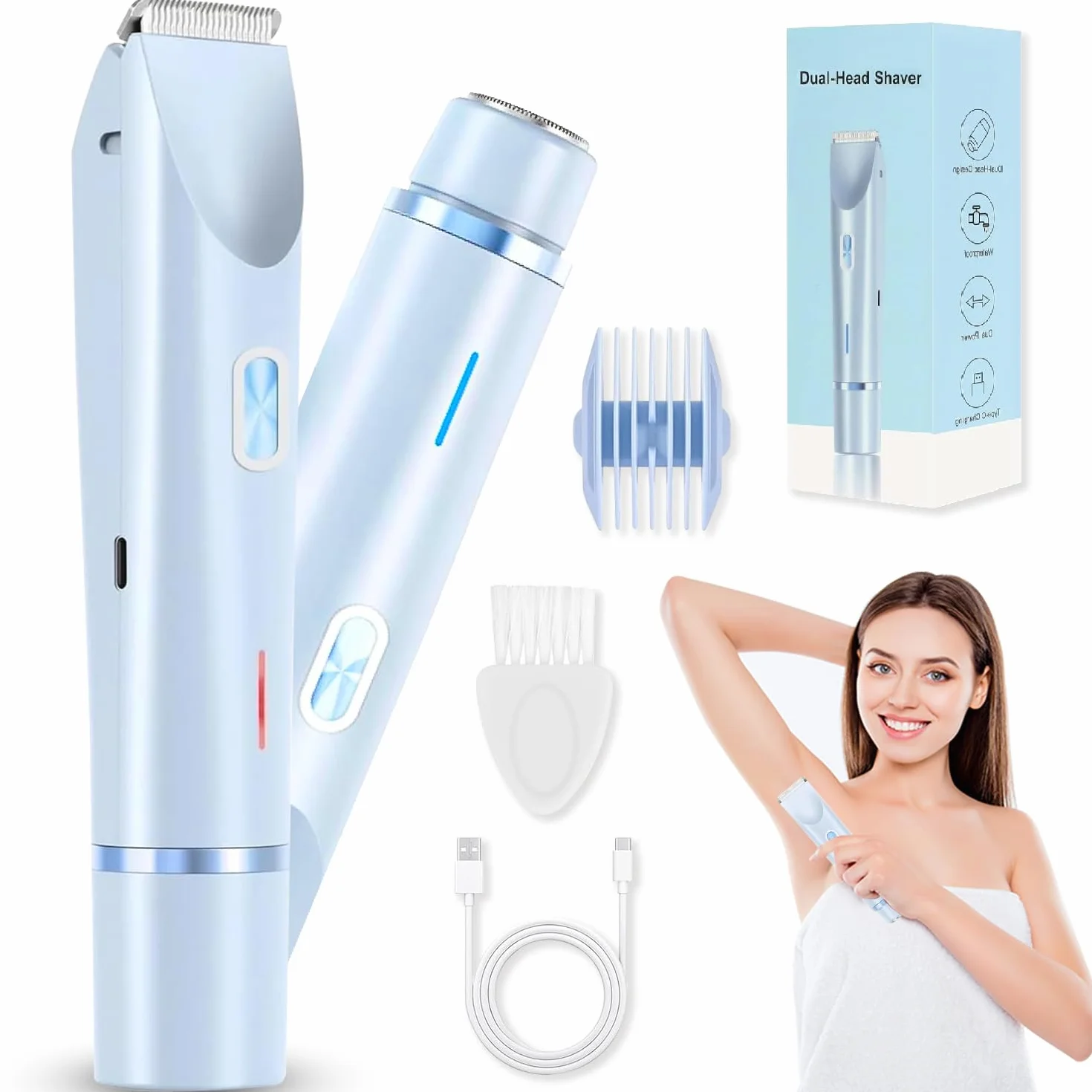 Rasoio Elettrico Donna 2 in 1 Indolore Parti Intime Doppia Testa IPX7 Impermeabile Corpo Viso (M2)
