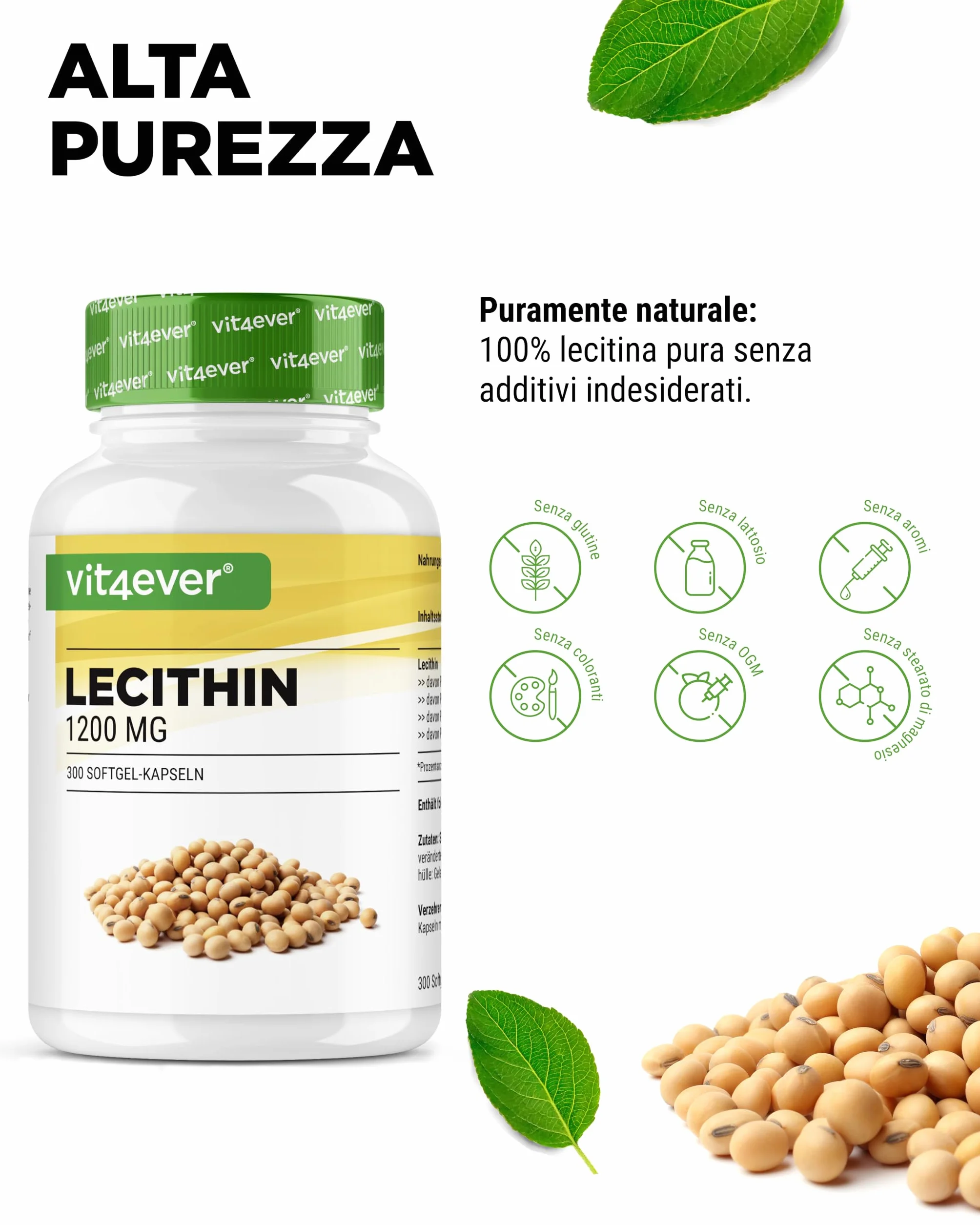 Lecitina 1200 mg 300 Capsule Morbide - Lecitina di Soia non OGM - Alta Dose