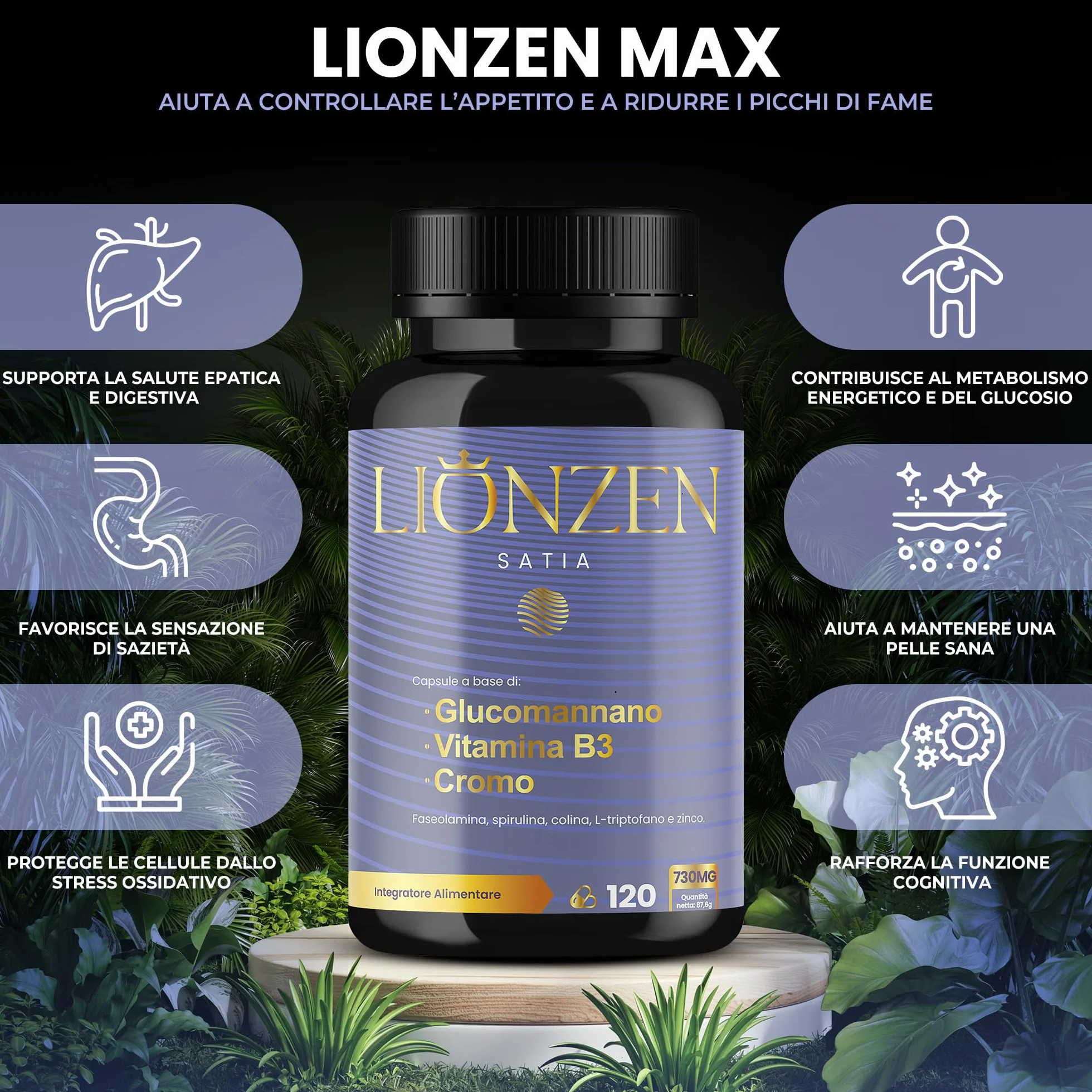 LIONZEN SATIA Glucomannano Forte Dimagrante Naturale +12 Ingredienti Sazieta Controllo Appetito