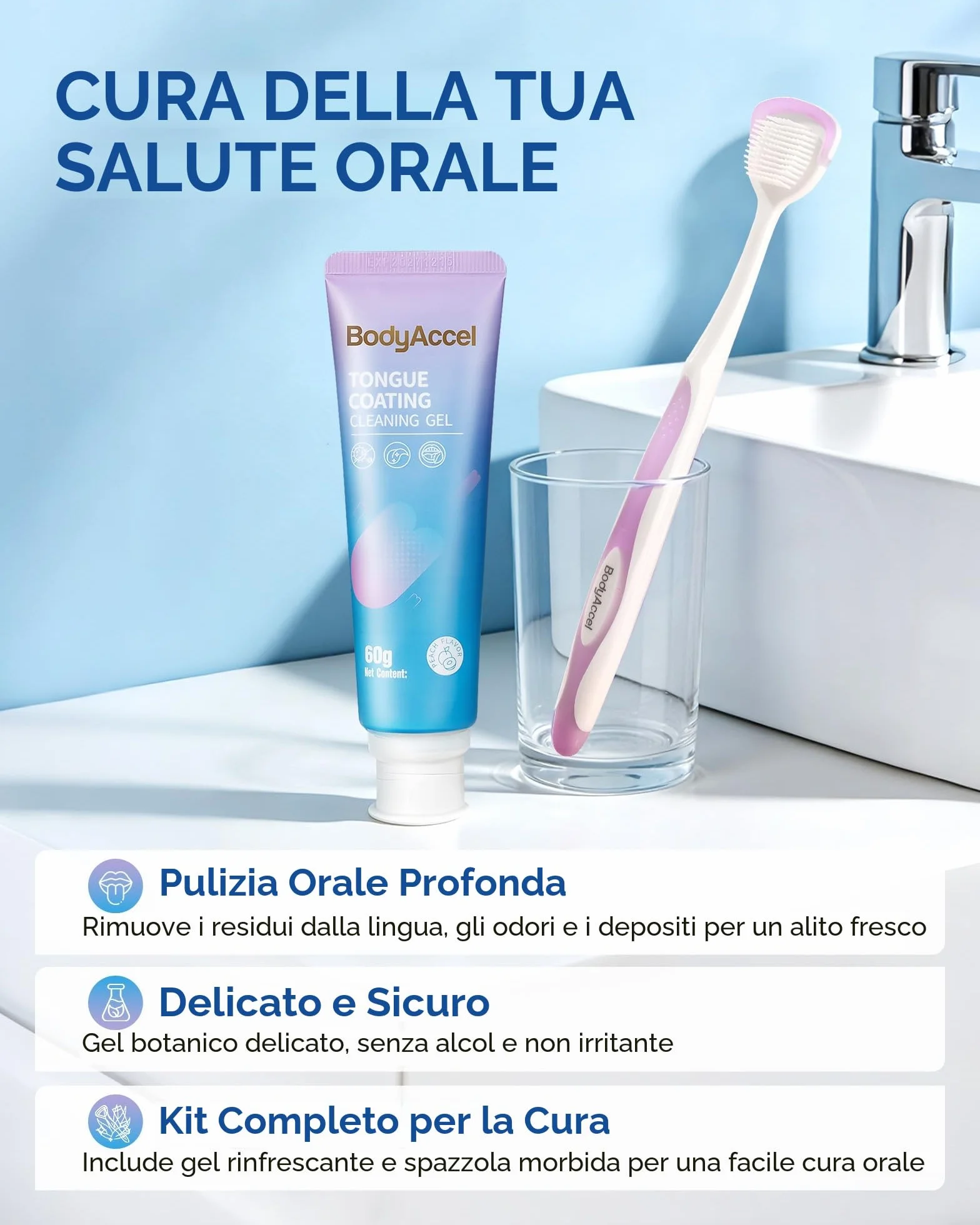 BodyAccel Gel pulisci lingua con spazzola lingua, kit igiene orale alito fresco