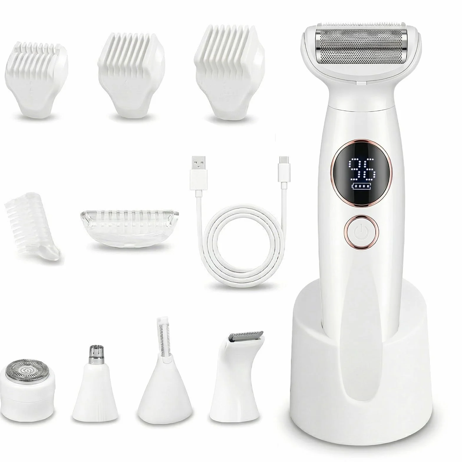 Carehabi Rasoio Elettrico Donna 5 in 1 IPX7 Impermeabile Depilatore Indolore Viso Corpo Bikini Sopracciglia Lady Shaver Base Ricarica USB