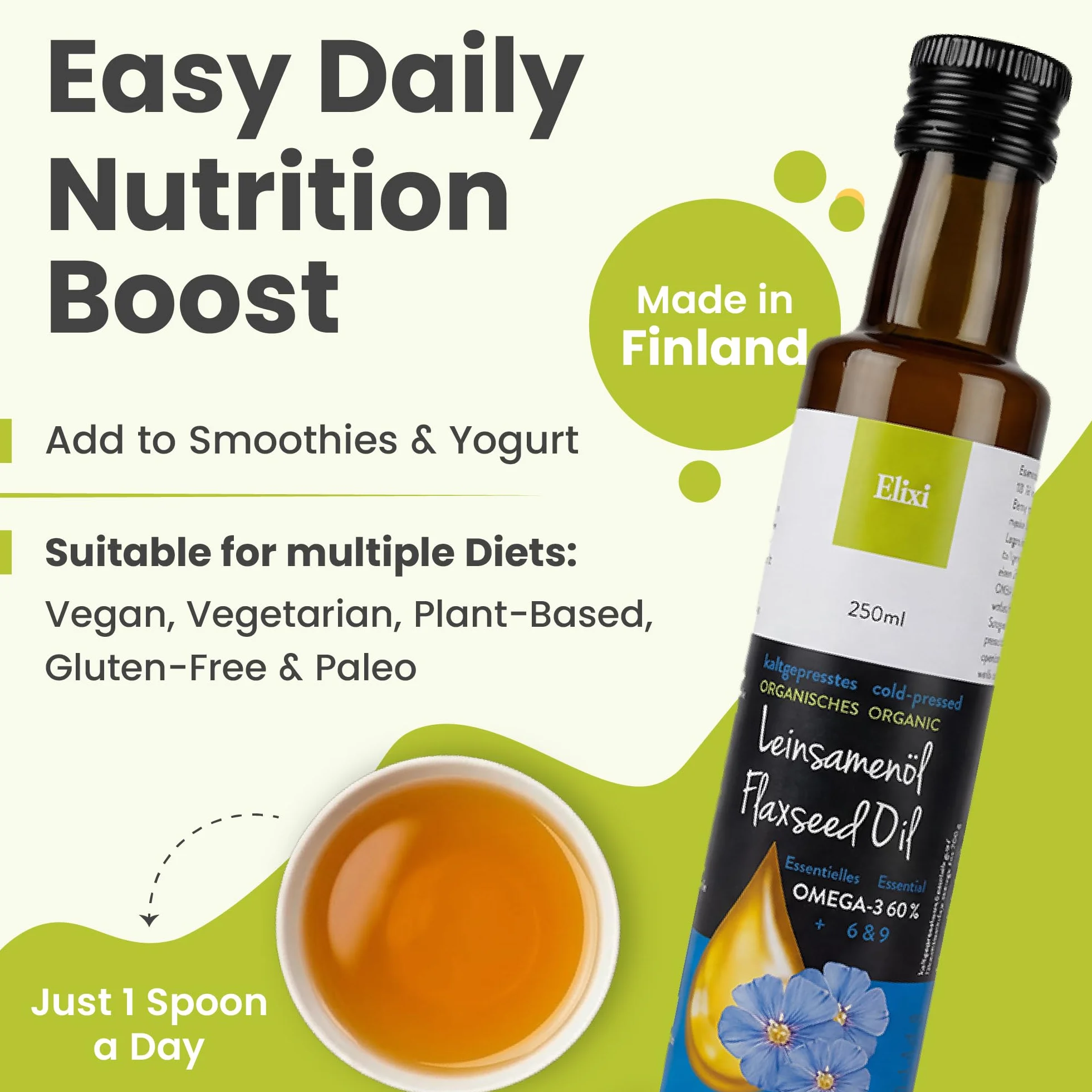 Elixi Olej lniany bio tłoczony na zimno 2x250 ml 500 ml Omega 3 ALA 59% Vegano Finlandia