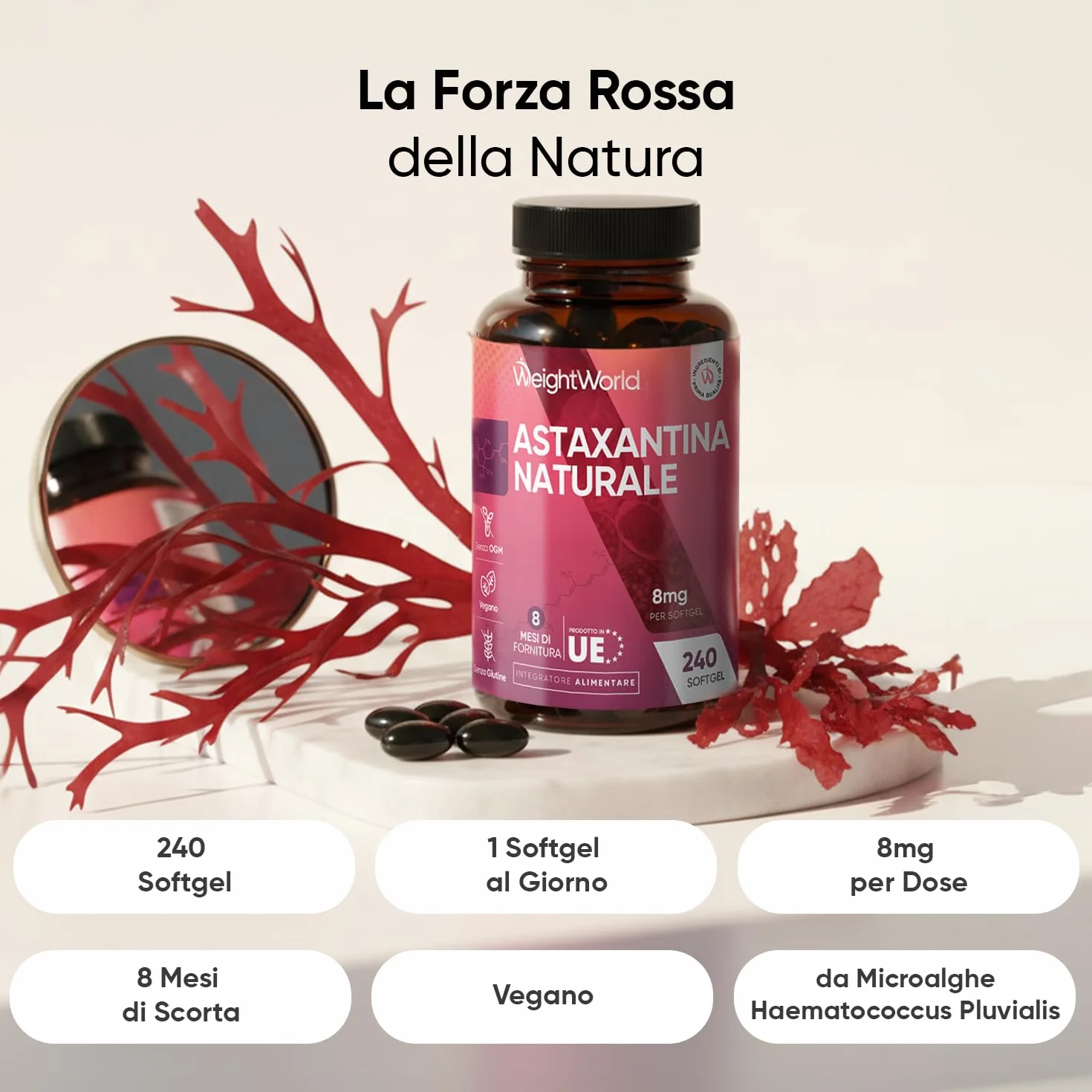 Astaxantina 240 Softgel Vegane Integratore Alimentare Naturale da Microalghe Haematococcus Pluvialis Prodotto in UE