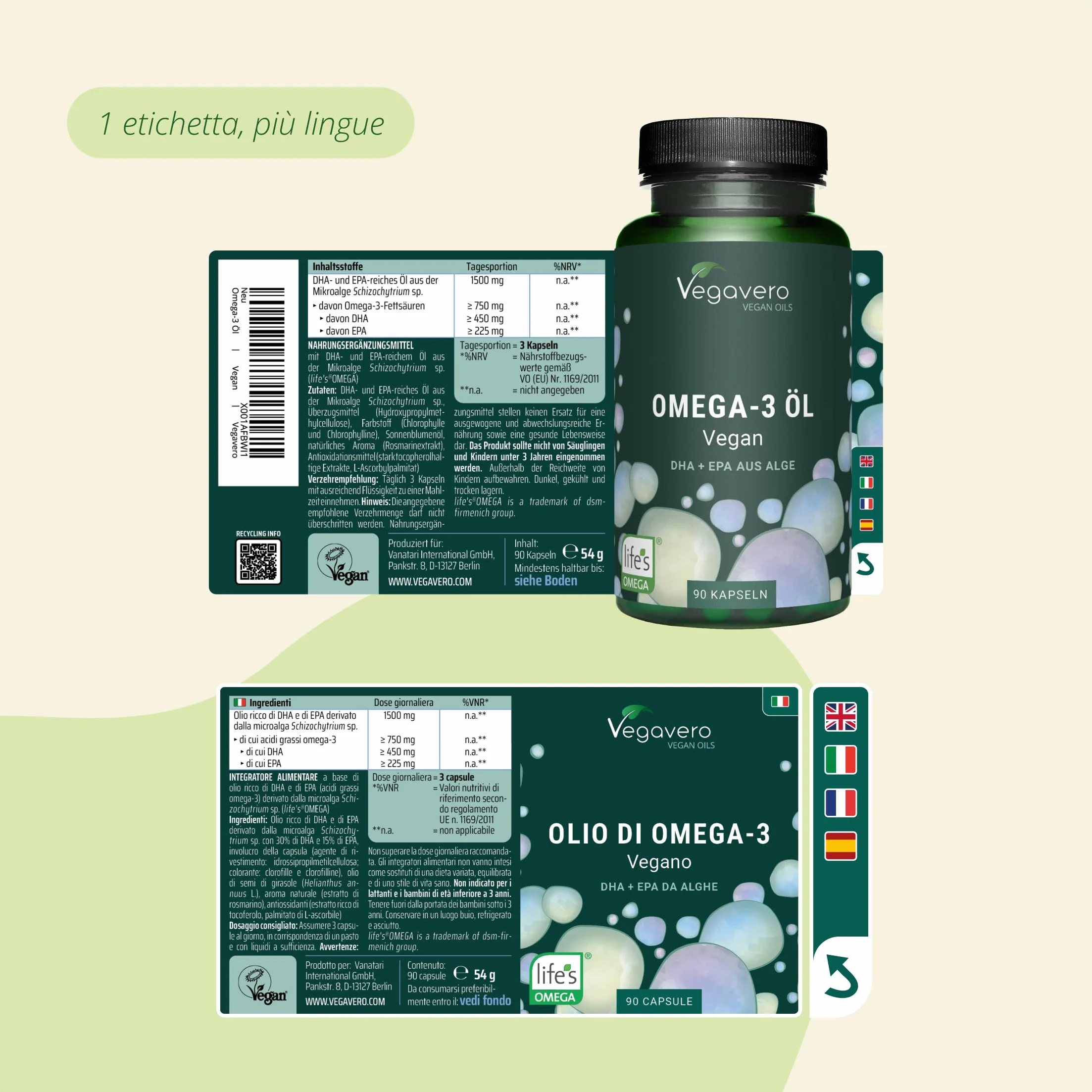 Vegavero Omega 3 VEGAN 1500 mg Olio di Alghe DHA+EPA 90 capsule