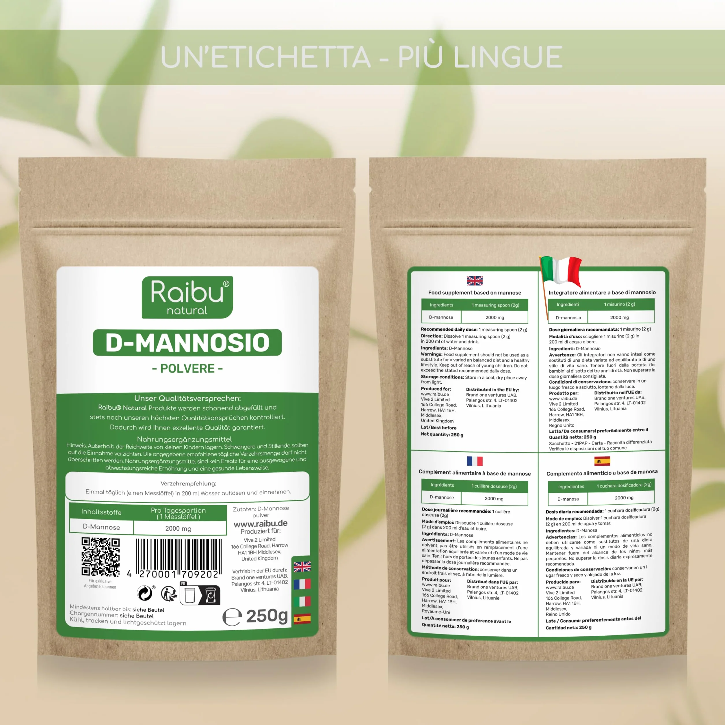Raibu D-Mannosio Polvere 250g Naturale Vegan Cucchiaio Dosatore