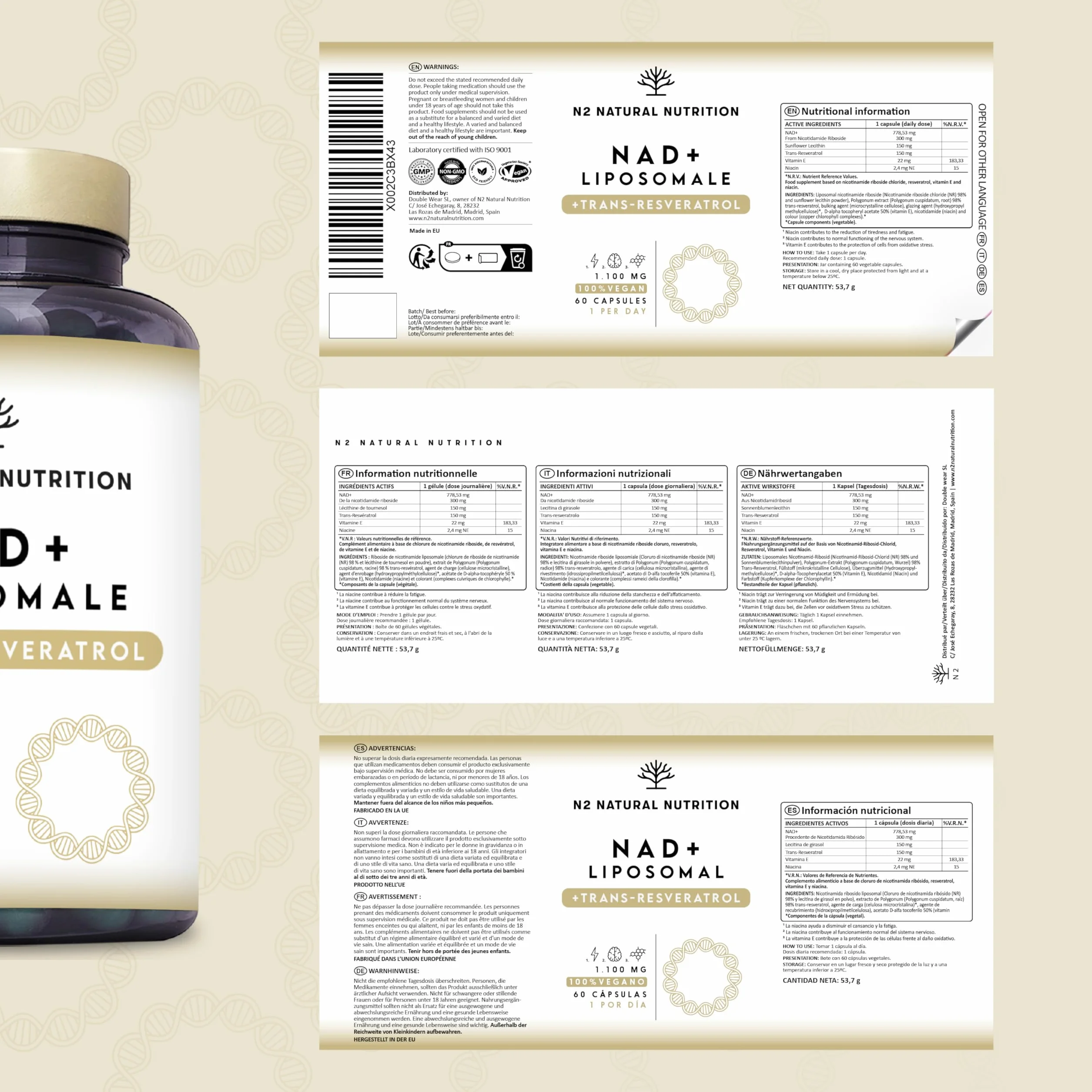 N2 Natural Nutrition NAD+ Trans Resveratrolo 1100 mg con Nicotinamide Riboside, Niacina e Vitamina E. Integratore Liposomal. 60 Capsule