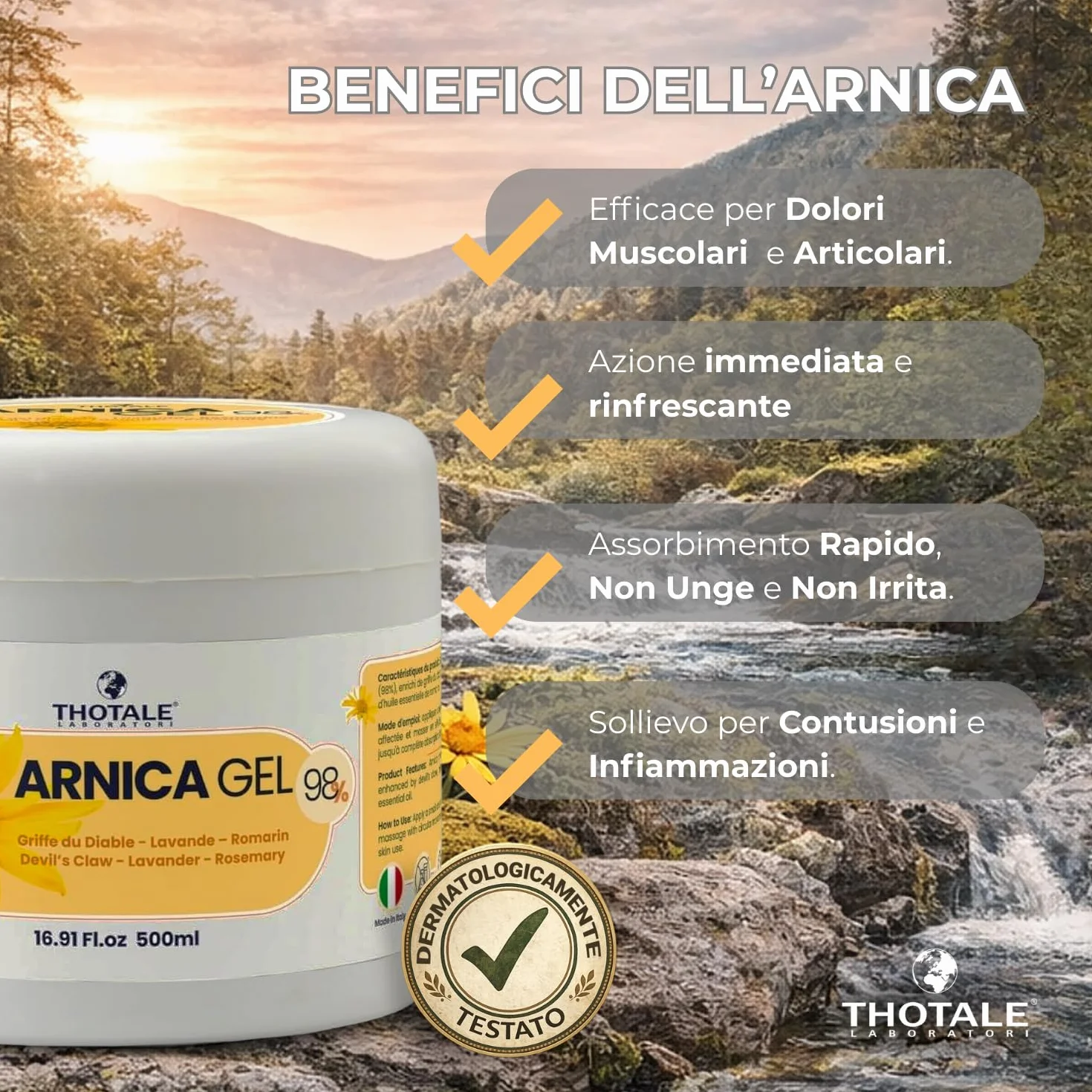 Arnica Gel Extra Forte 98% per Cavalli Uso Umano e Artiglio del Diavolo 500 ml, Crema Massaggi Muscoli Articolazioni Effetto Freddo, Made in Italy