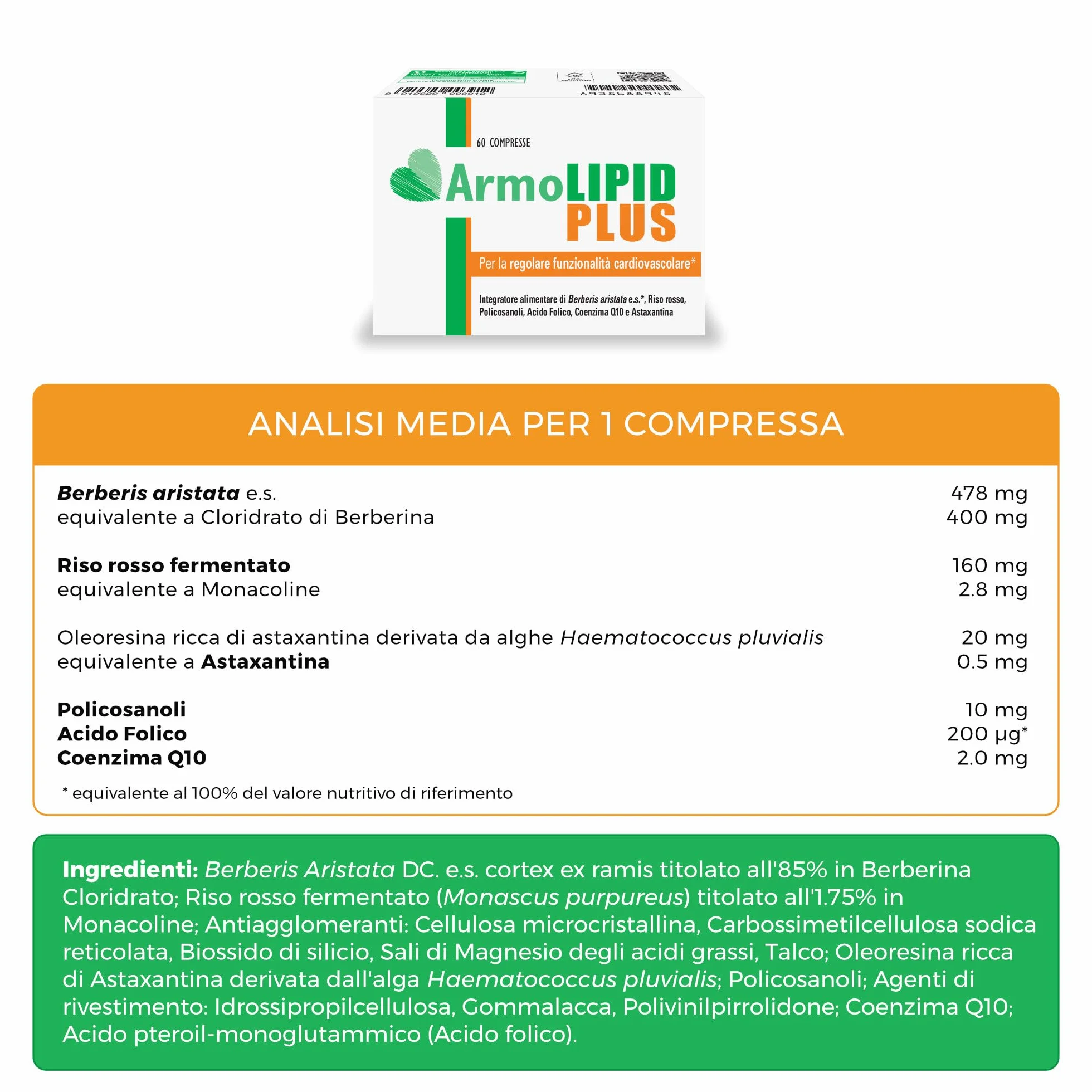 Armolipid Plus 60 Compresse Integratore Alimentare Berberis Aristata Riso Rosso Fermentato Acido Folico Policosanoli Coenzima Q10 Astaxantina
