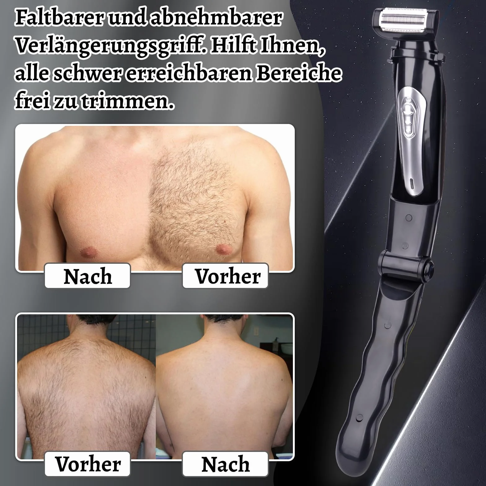 Rasoio Elettrico per la Schiena da Uomo, Pieghevole, Impugnatura Ergonomica, Bagnato e Asciutto