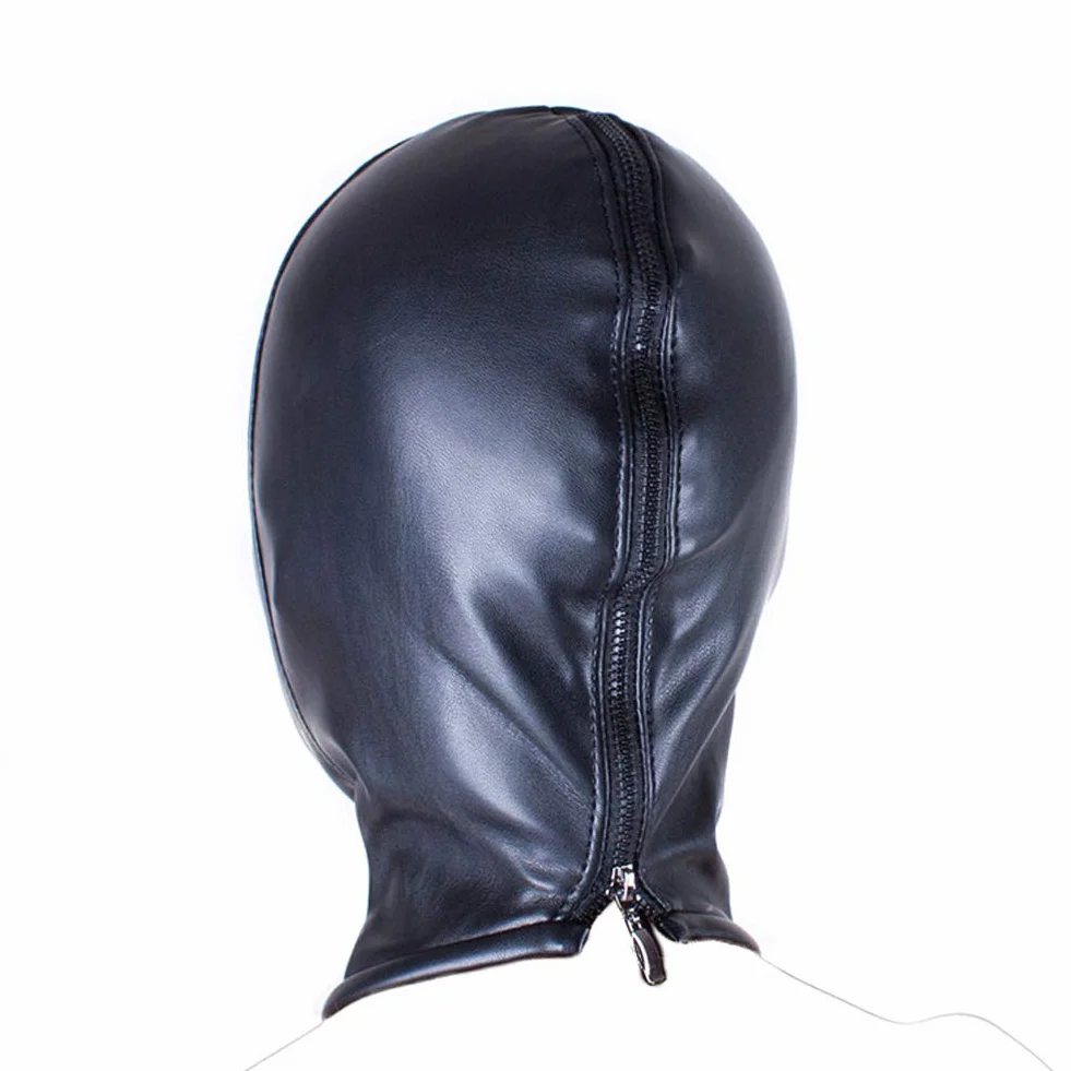 Maschera Pelle Erotica 3 Fori con Cerniera Aperta Occhi Bocca Hollow Bondage Fetish Cosplay Sex Toy Nero