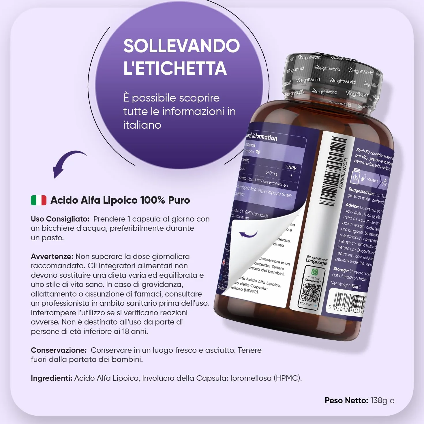 Acido Alfa Lipoico 650mg 180 Capsule Integratore Vegano Senza Glutine