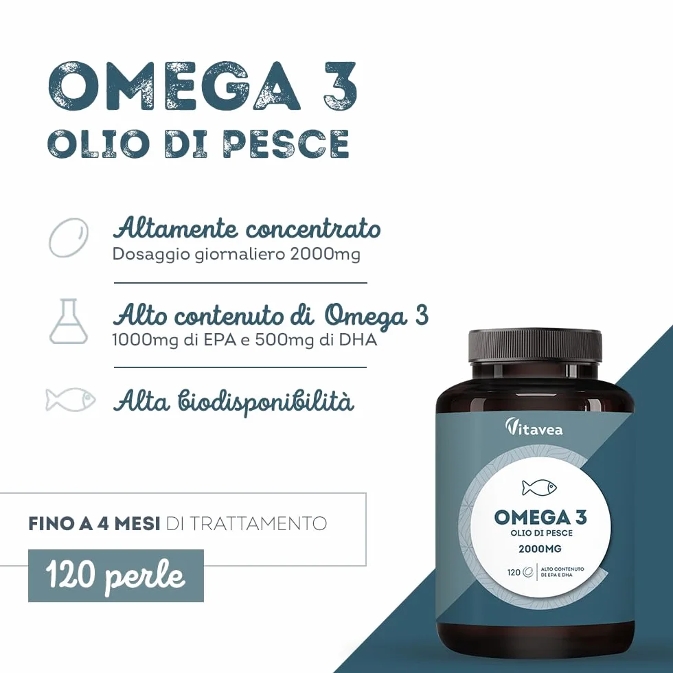 Omega 3 Olio di Pesce 2000 mg EPA 500 mg DHA 120 Capsule Softgel Integratore Acidi Grassi Essenziali