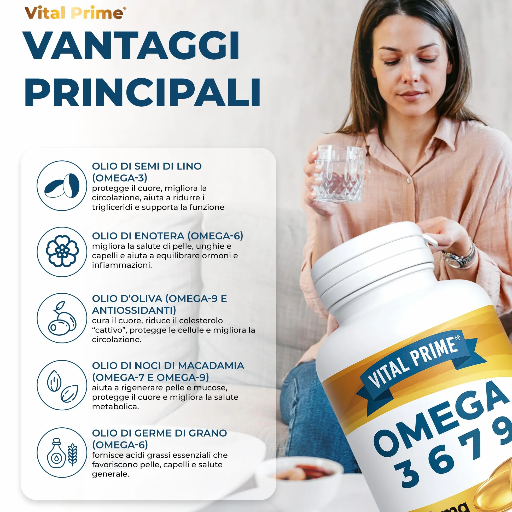 Omega 3 6 7 9 2800mg 90 Perle Capsule Molli con Oli di Lino, Enotera, Oliva, Germe di Grano e Noci di Macadamia