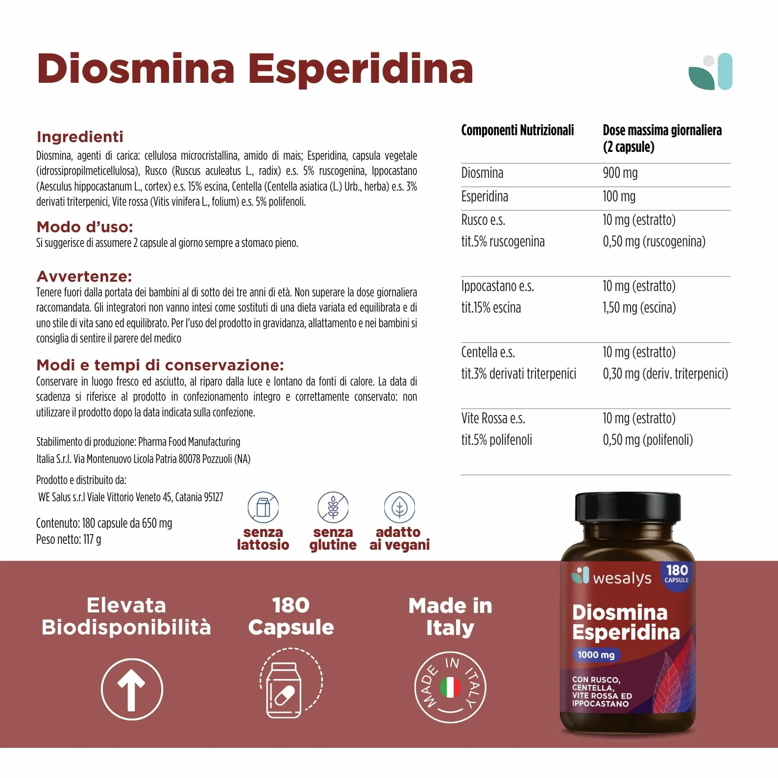Diosmina Esperidina Alto Dosaggio 1000mg 180 Capsule Vegetali Integratore Vene Varicose Gambe Pesanti WESALYS