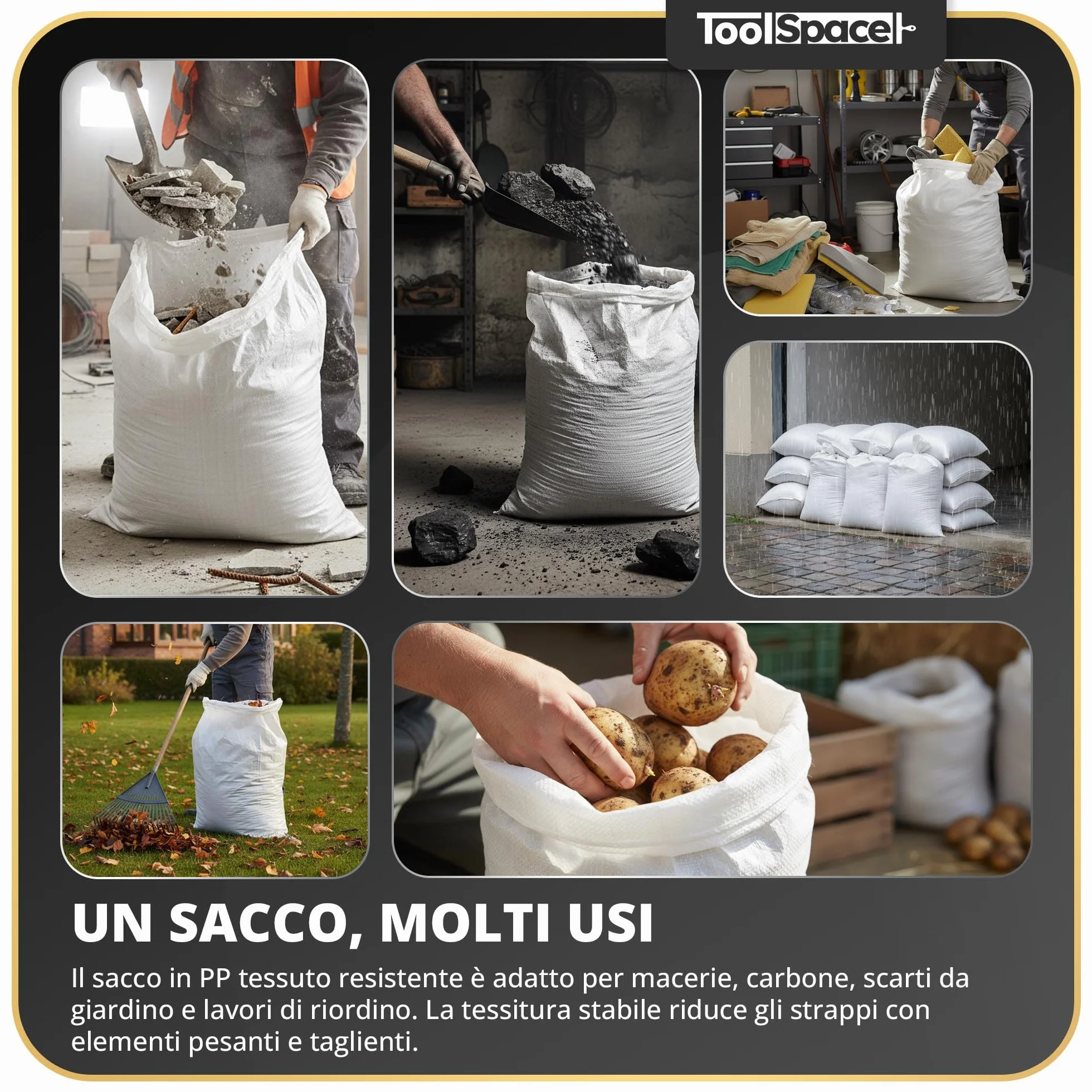 ToolSpace Sacchi in Rafia Polipropilene 65x105 cm 50 kg Resistenti per Carico Pesante Edilizia Cantiere