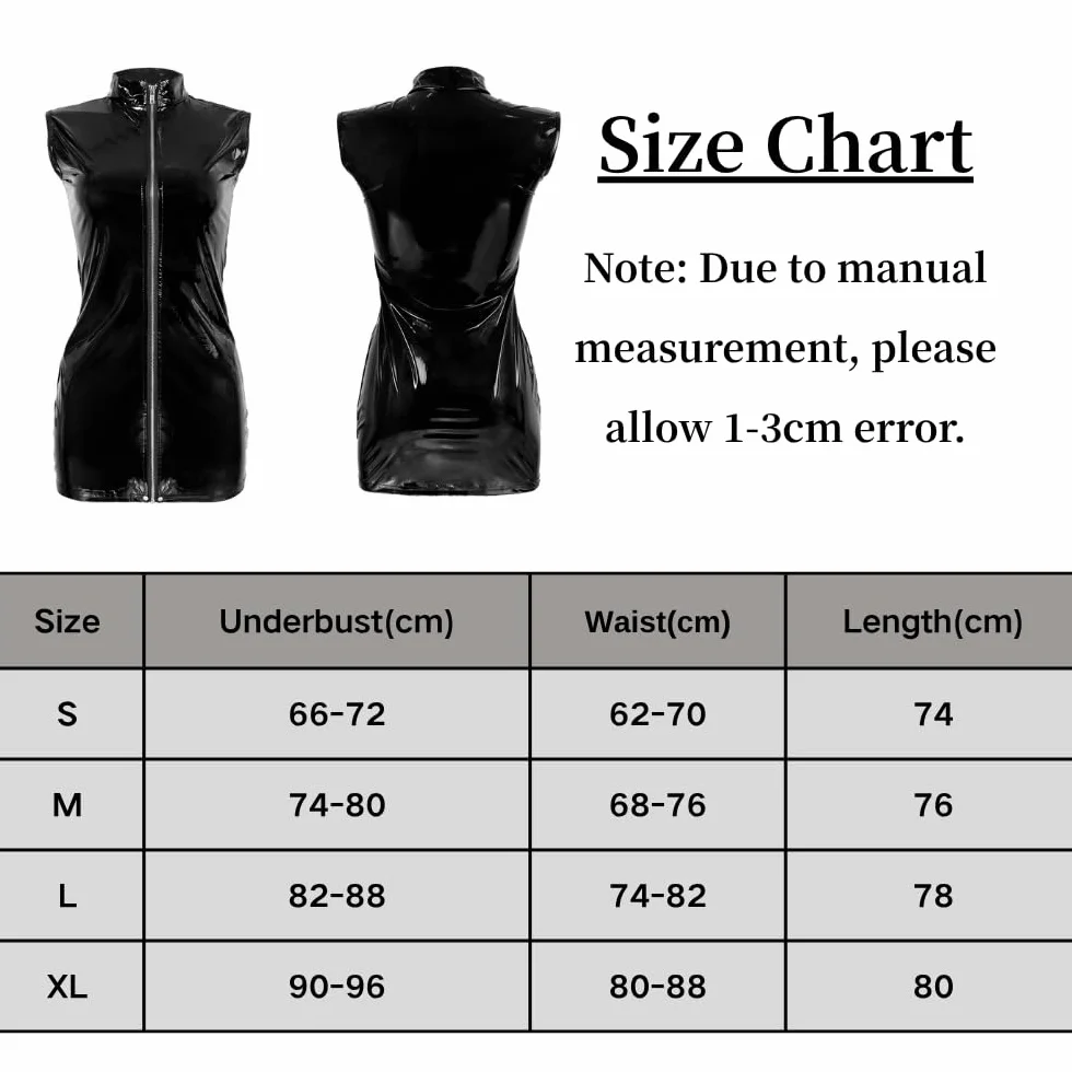 Donna Sexy Pelle Mini Vestito Cerniera Frontale Babydoll Latex Wetlook Camicia Notte Clubwear Elasticità Senza Maniche Miniabito Metallizzato Aderente Catsuit Cocktail Discoteca Costume