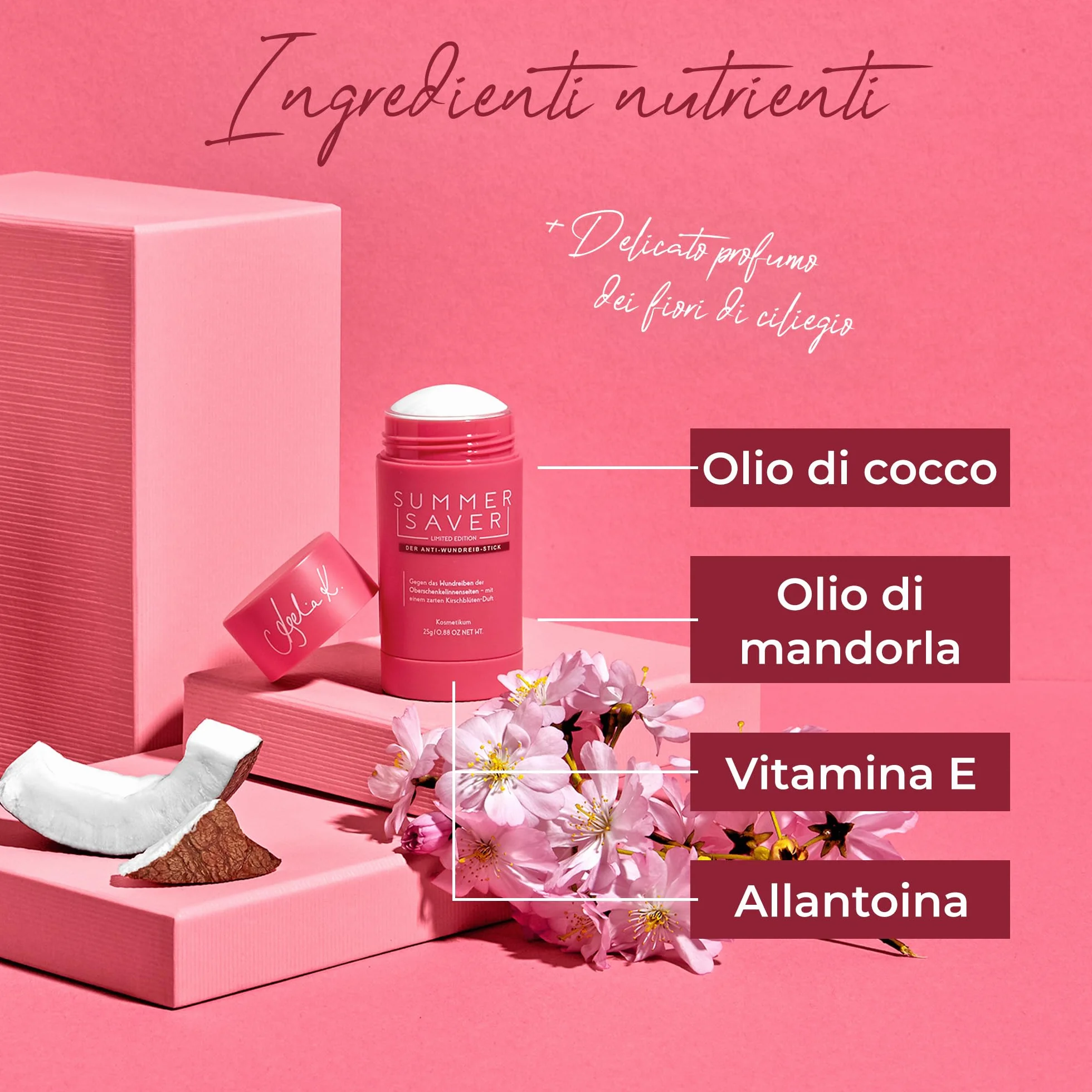SUMMERSAVER Cherry Stick anti-sfregamento 25 g – Per cosce, piedi, reggiseno – Olio di cocco, mandorle, vitamina E, allantoina – Vegano, dermatologicamente testato