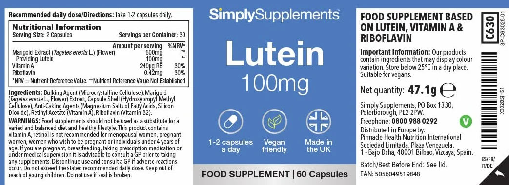 Capsule di Luteina 100mg con Vitamina A & Riboflavina per Vista & Metabolismo 60 Capsule