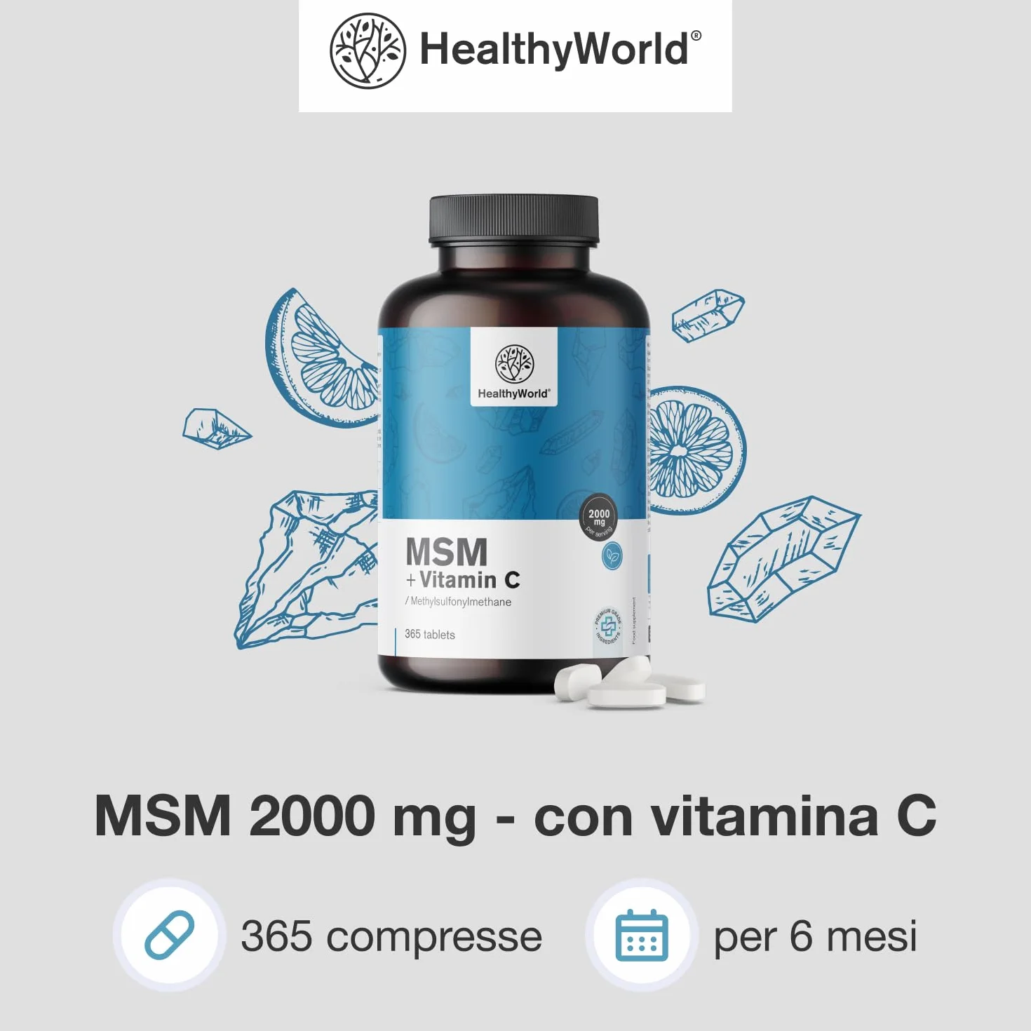HealthyWorld MSM 2000 mg con Vitamina C 365 Compresse Alta Concentrazione Vegetariano