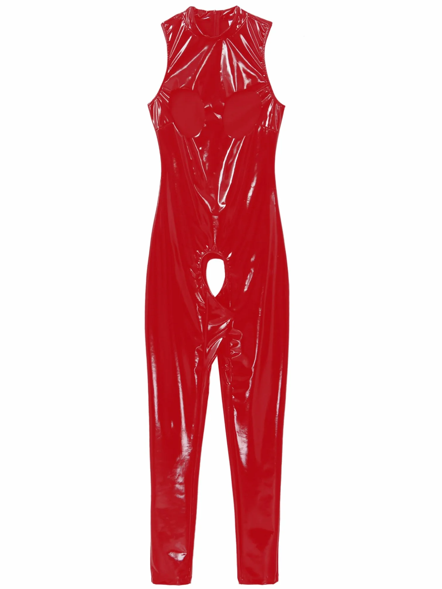 Donna Look Bagnato Pelle Verniciata Catsuit Apertura Inguine Senza Maniche Body Traforato