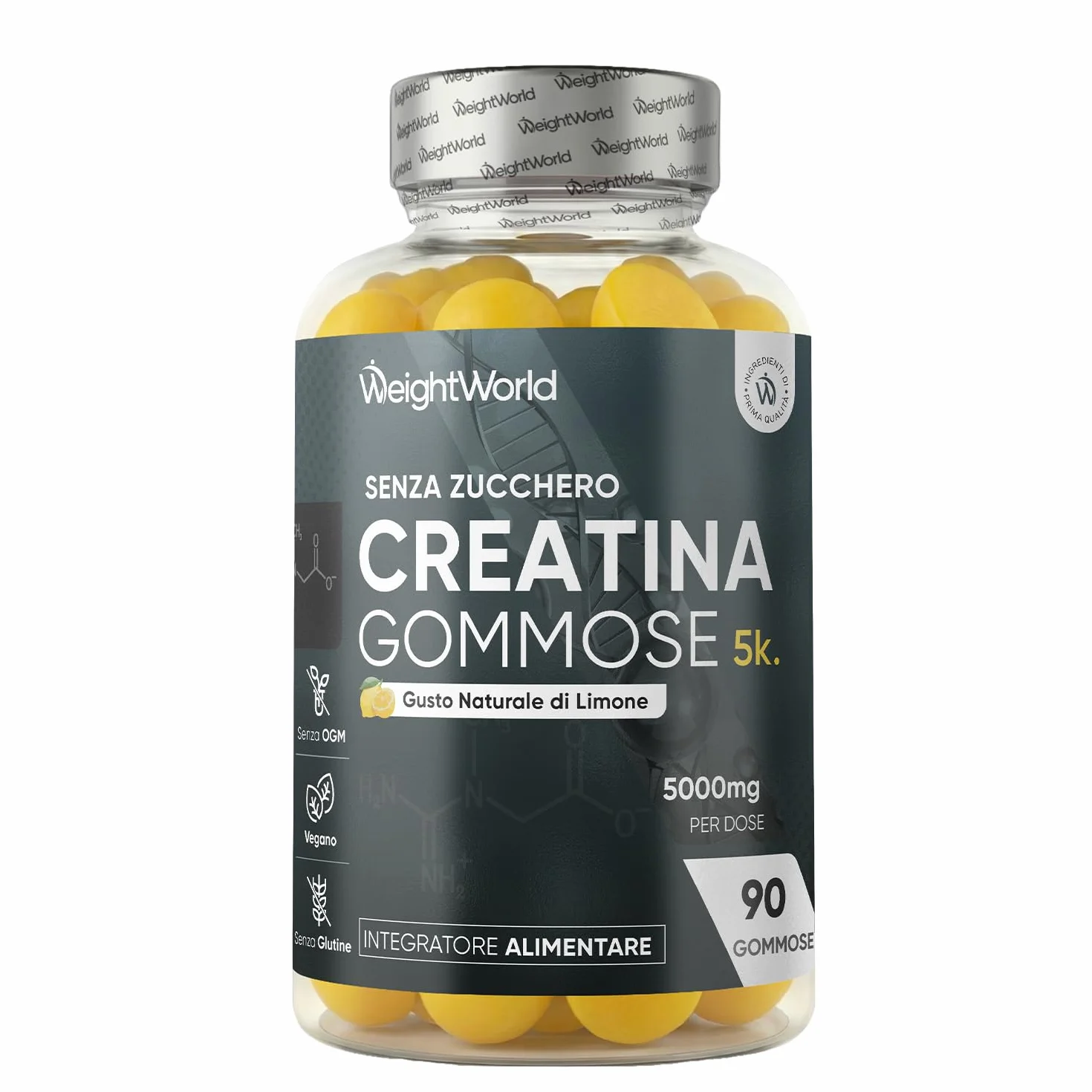 Creatina Monoidrato Gommose Vegane 5000mg per Dose Senza Zucchero Aroma Limone