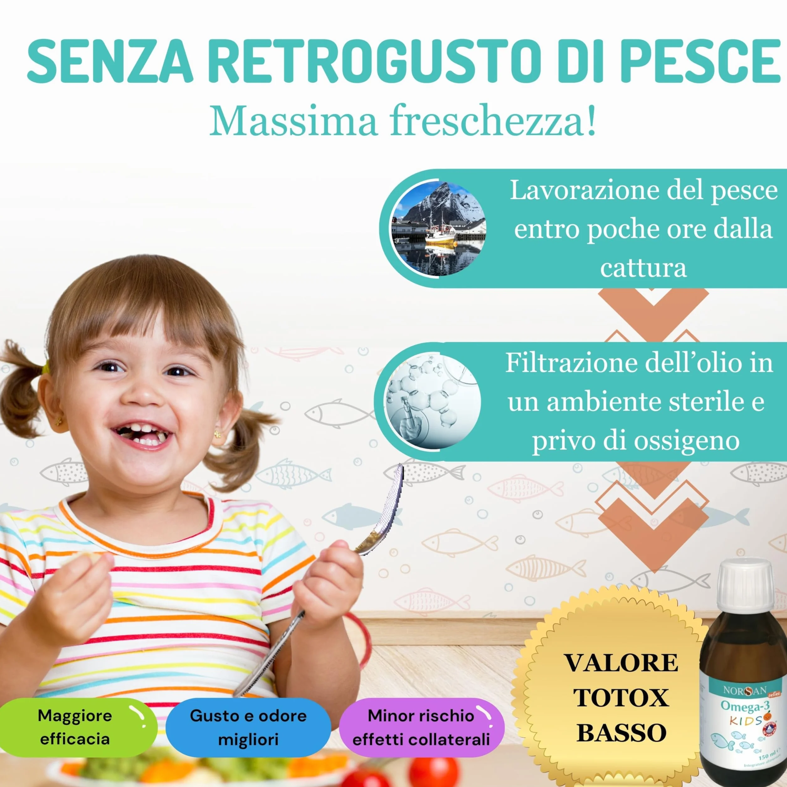 NORSAN Omega 3 FISK 150 ml – integratore bambini olio di pesce fegato merluzzo EPA DHA 1.120 mg