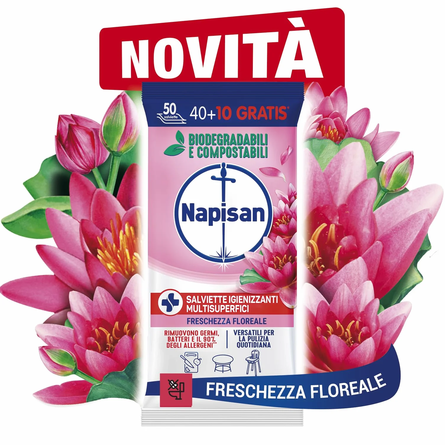 Salviette Igienizzanti Multisuperfici Freschezza Floreale, Confezione da 400 Salviette Biodegradabili