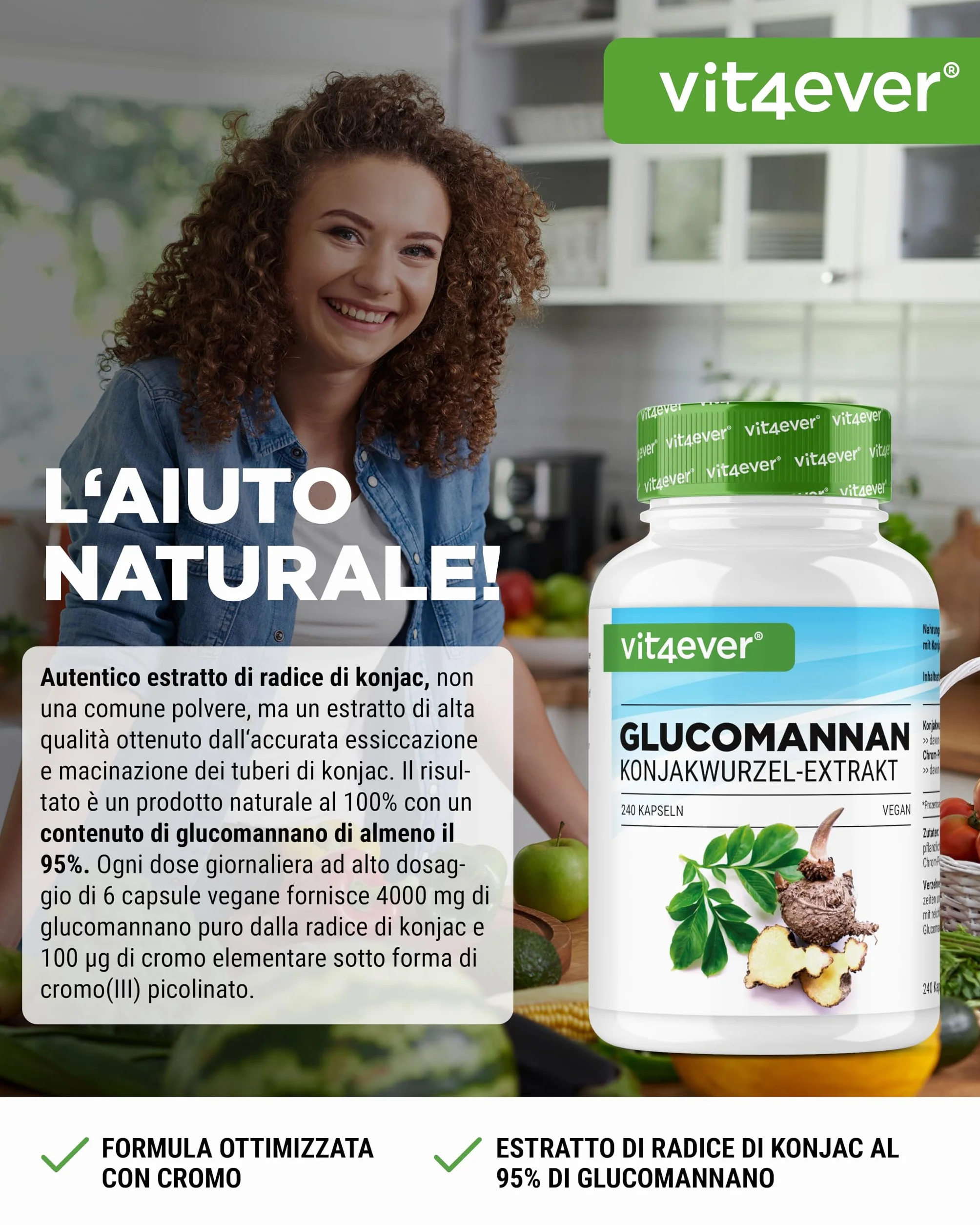 Glucomannano dalla radice di konjac 240 capsule 4200 mg per porzione con cromo Vegan