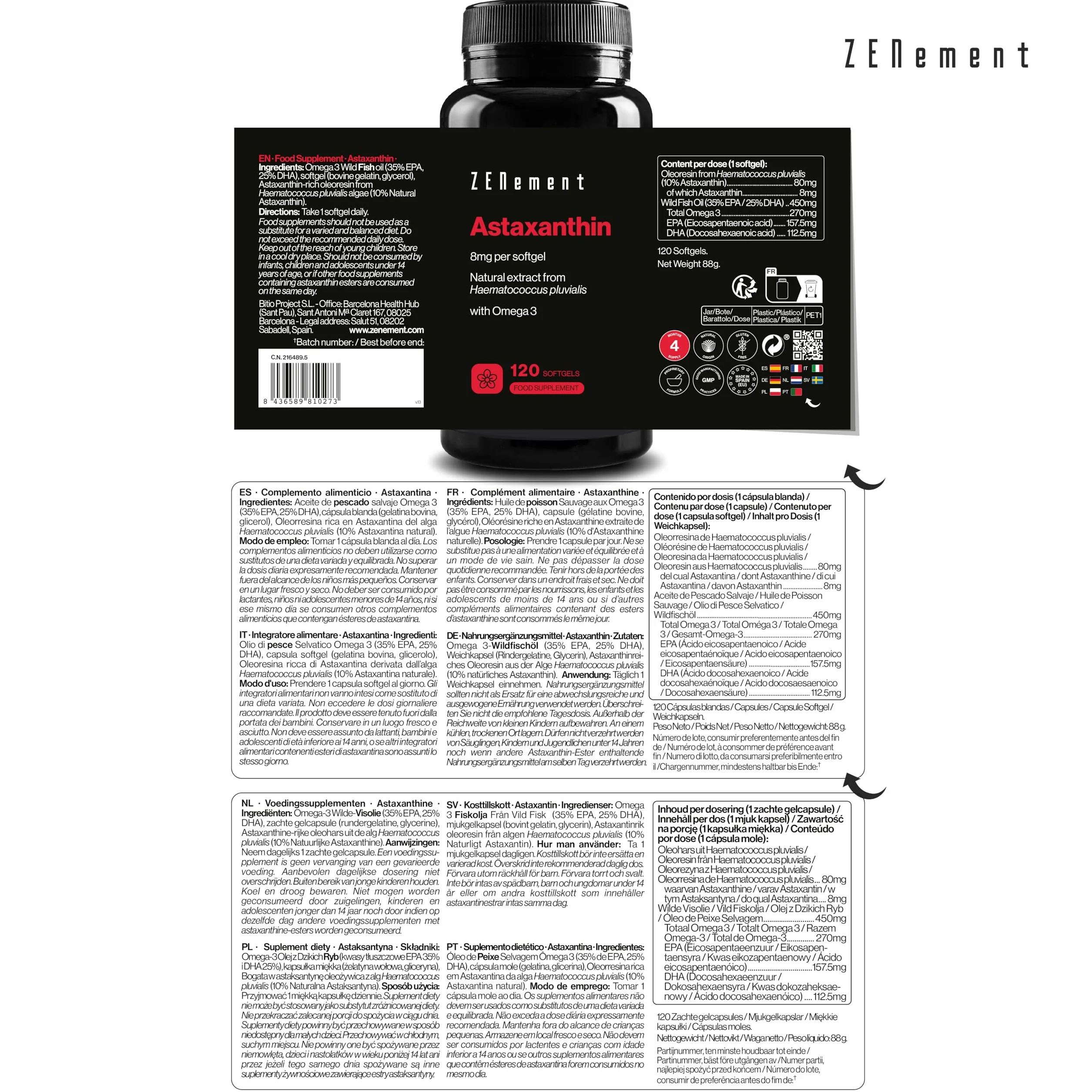 Astaxantina Naturale Pura 8 mg 120 Capsule Softgel Zenement