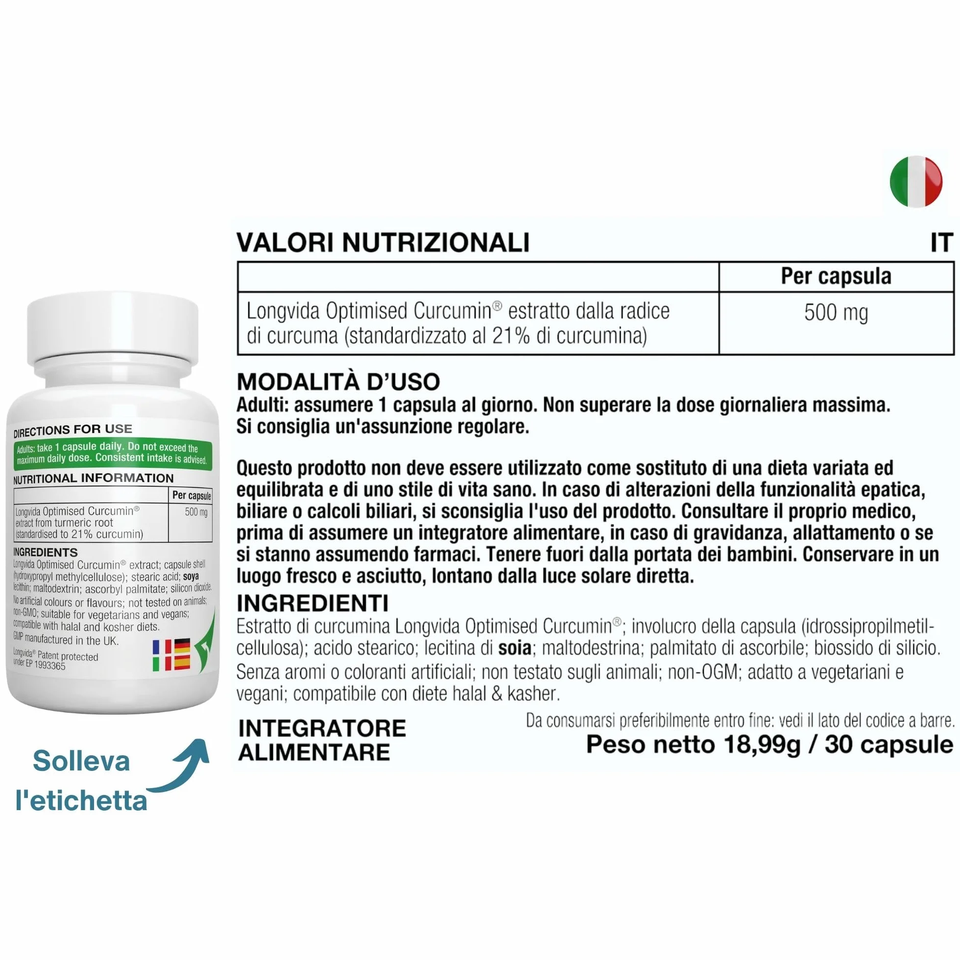 Longvida Curcumina 500mg, 30 Capsule Vegane, Supporto per Cervello, Mood e Articolazioni