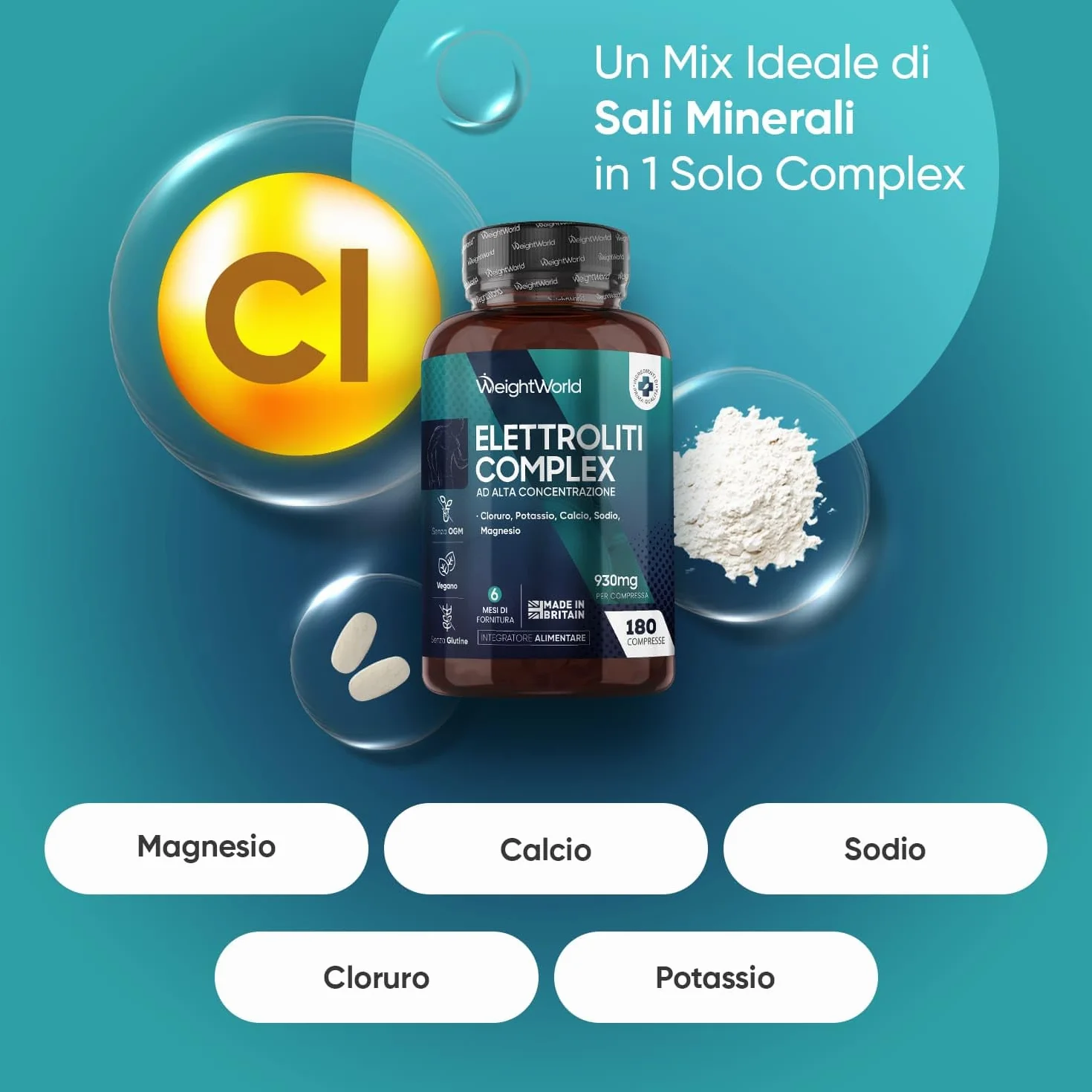 Elettroliti Vegani Integratore 5 Sali Minerali Magnesio Potassio Cloruro Sodio Calcio 180 Compresse