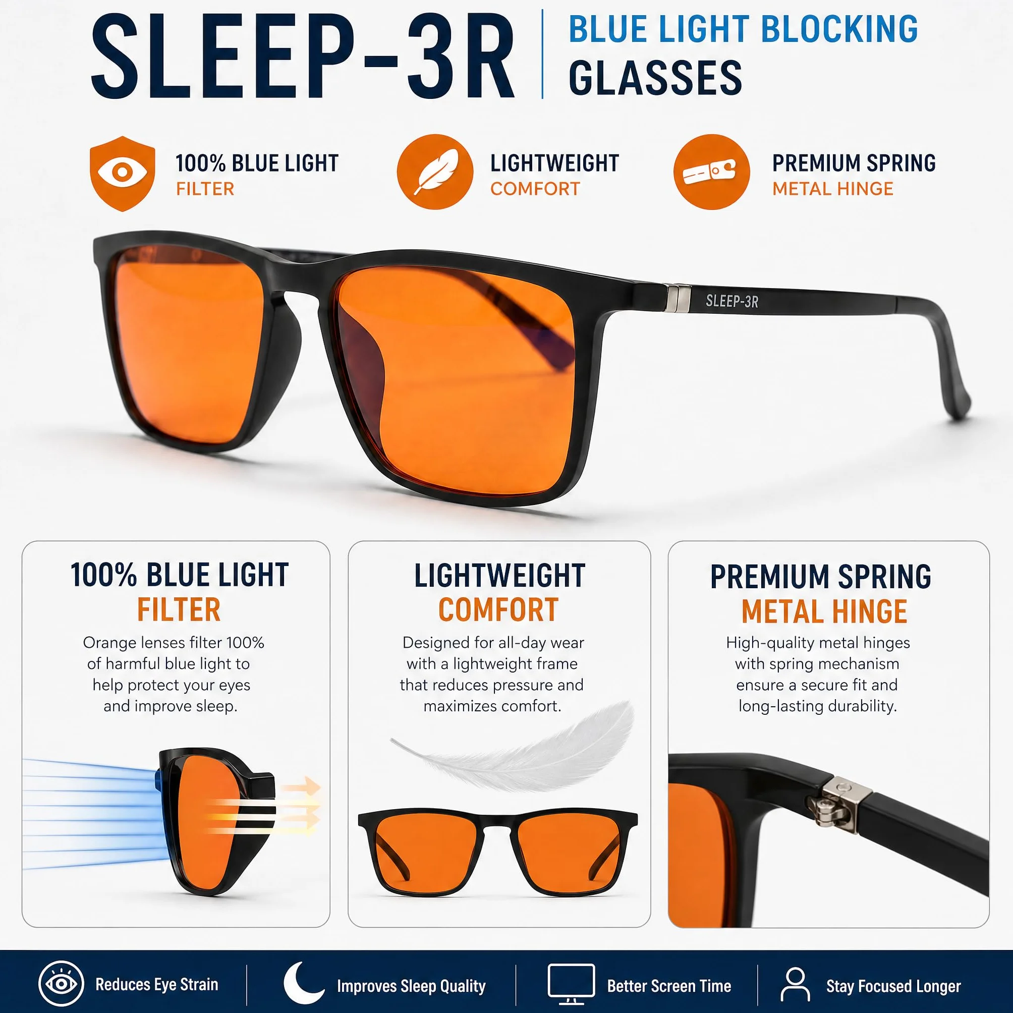 SLEEP-3R okulary blokujące światło niebieskie i zielone z filtrem UV, dla kobiet i mężczyzn