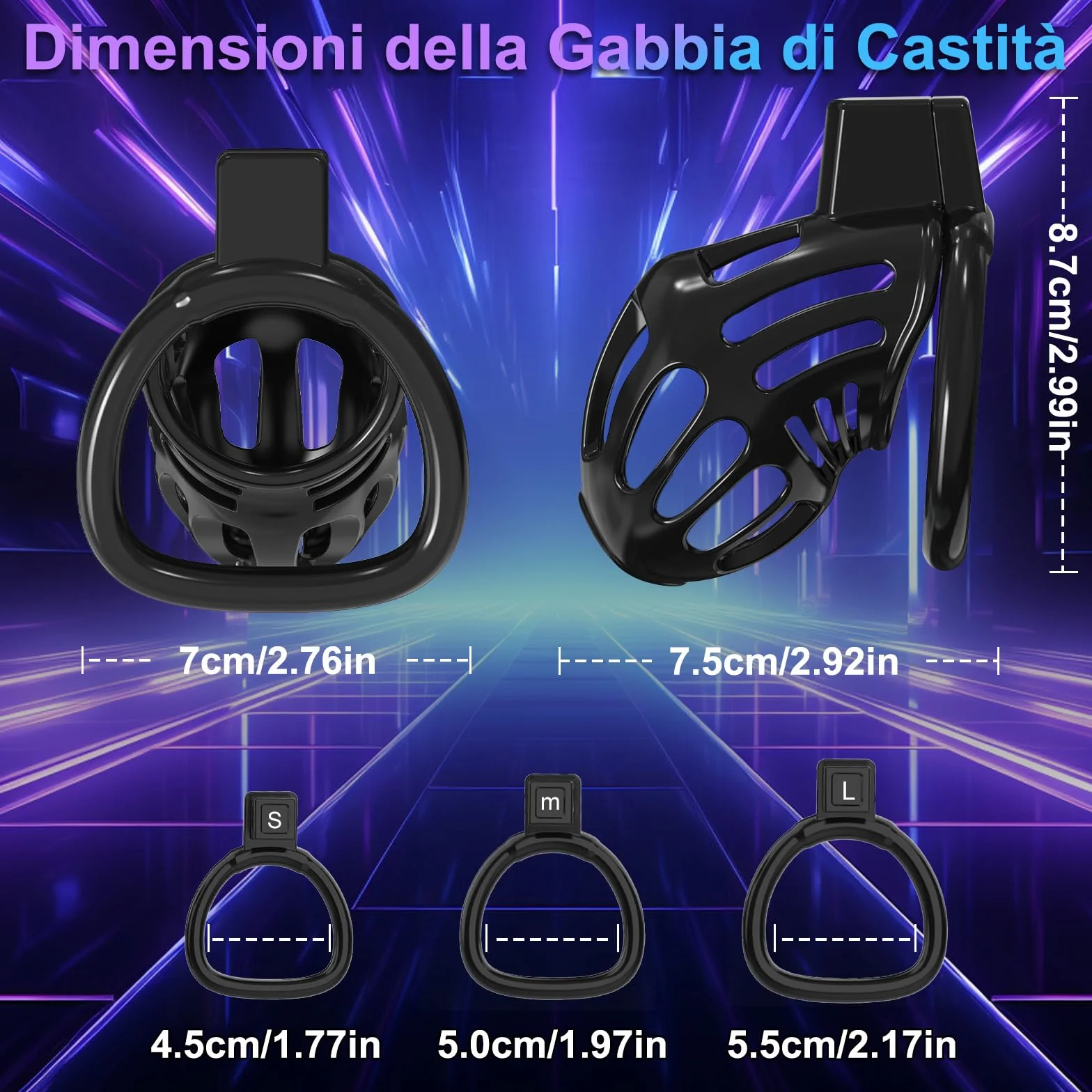 Cintura di Castità Uomo Sex Toys con 3 Anelli Rimovibili Gabbia di Castità Maschile