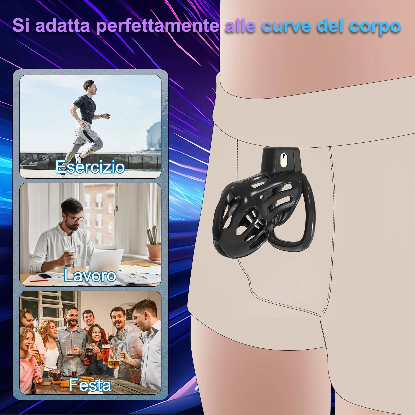 Cintura di Castità Uomo Sex Toys con 3 Anelli Rimovibili Gabbia di Castità Maschile