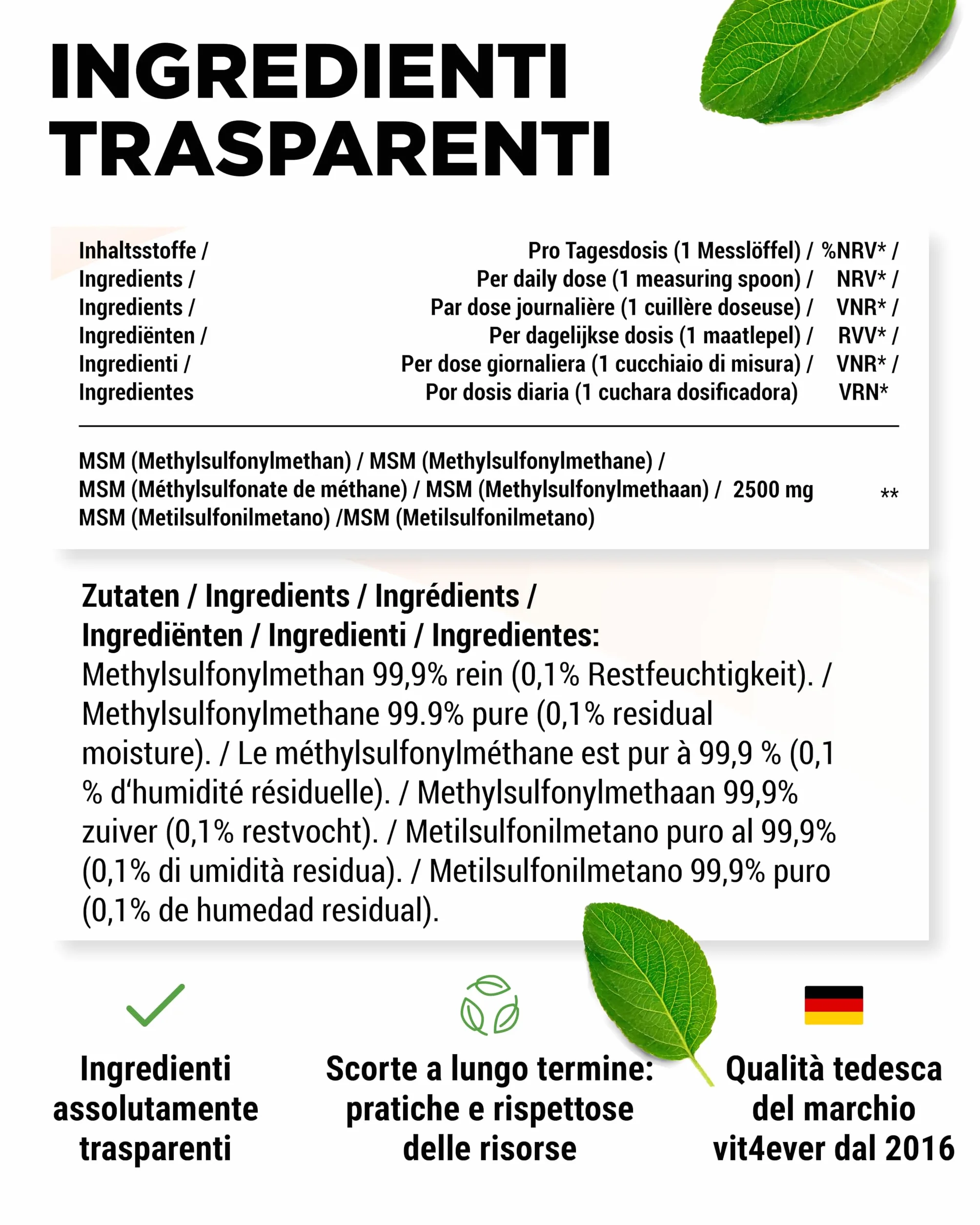 Polvere di MSM 1 kg 99,9% Metilsulfonilmetano Cristallino Puro Fattore Mesh 40-80 Zolfo Organico Vegano